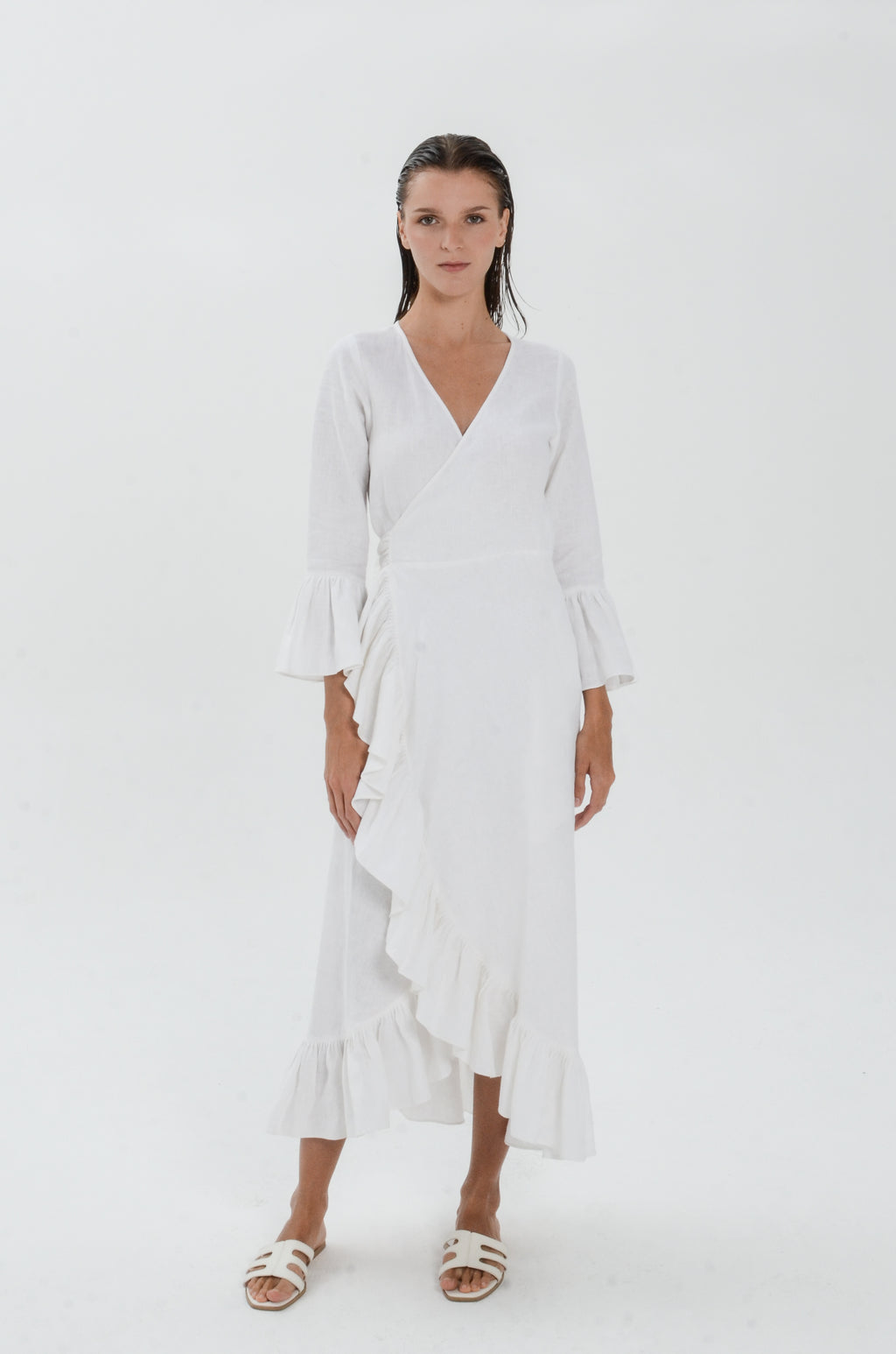 The Essence Linen Dress - Long Sleeves with Ruffle Detail