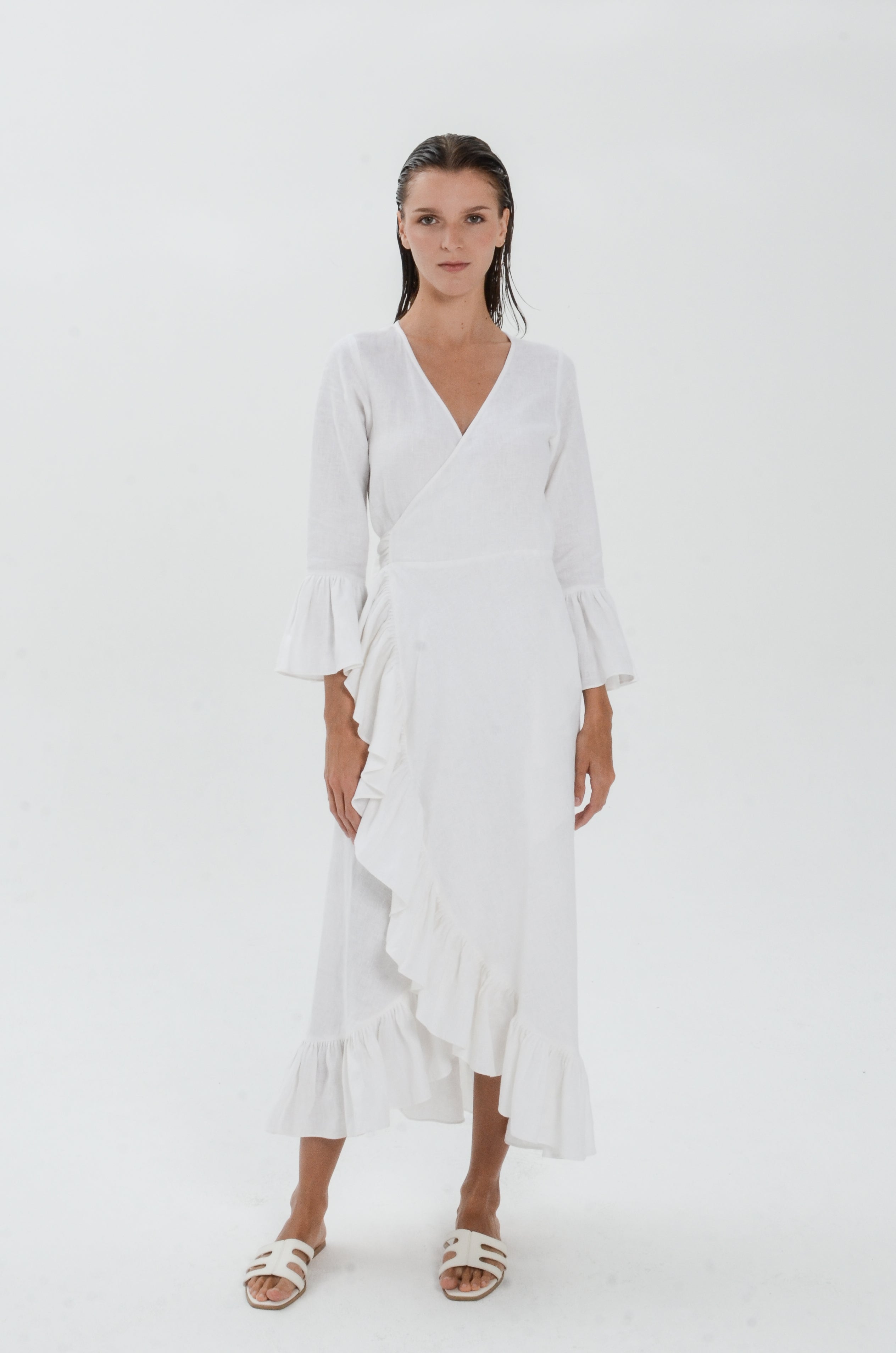 The Essence Linen Dress - Long Sleeves with Ruffle Detail