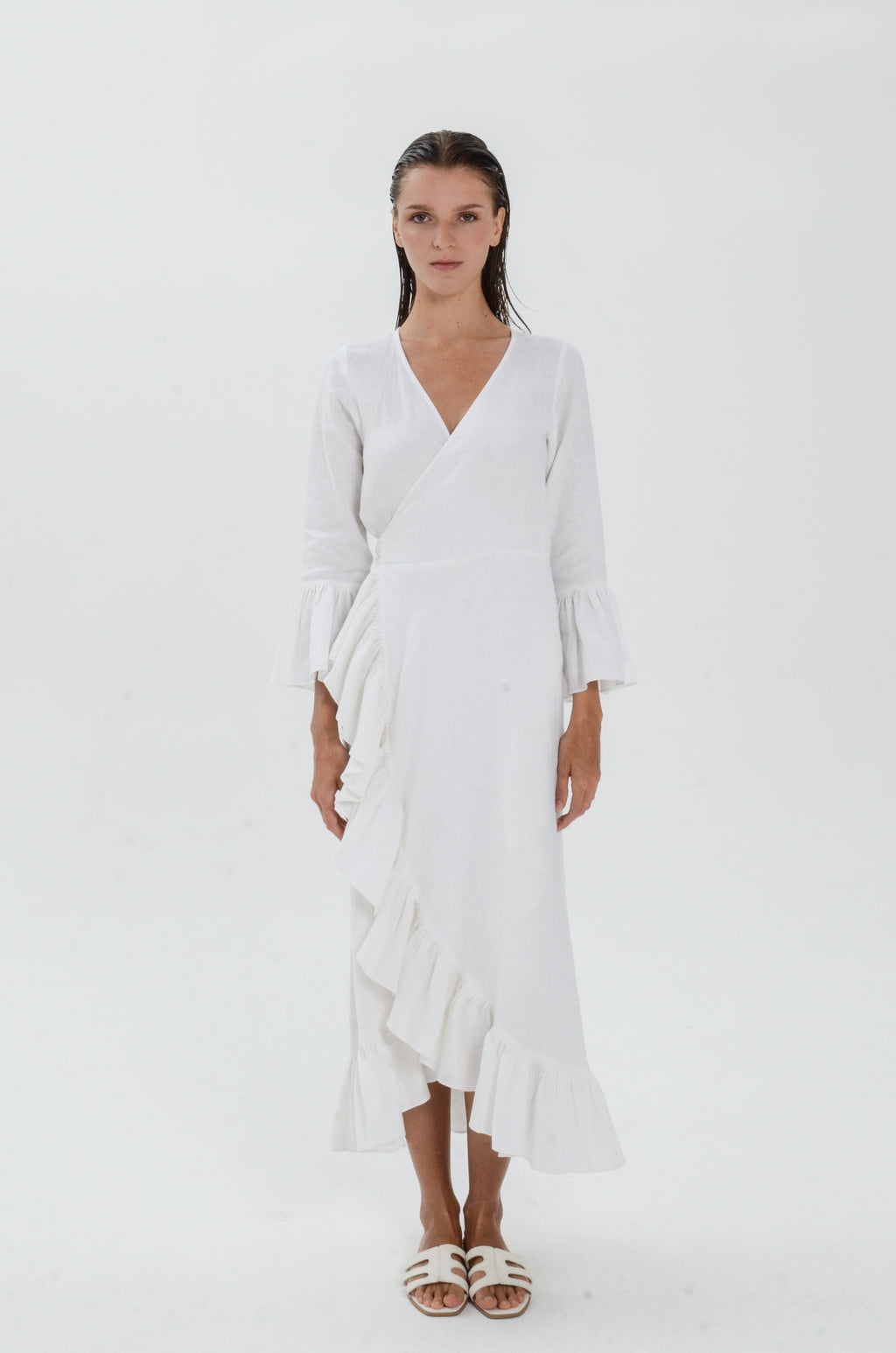 The Essence Linen Dress - Long Sleeves with Ruffle Detail