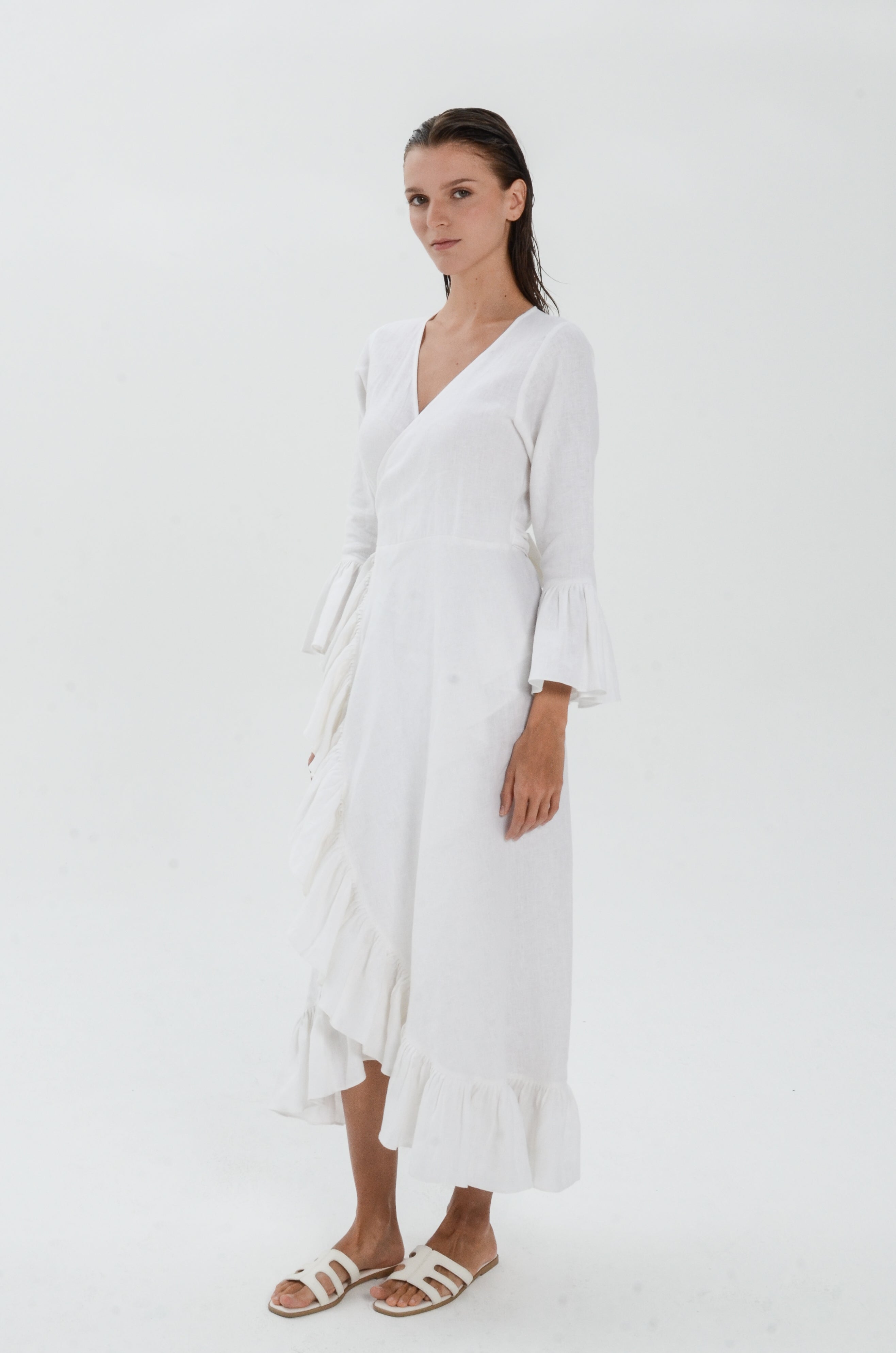 The Essence Linen Dress - Long Sleeves with Ruffle Detail