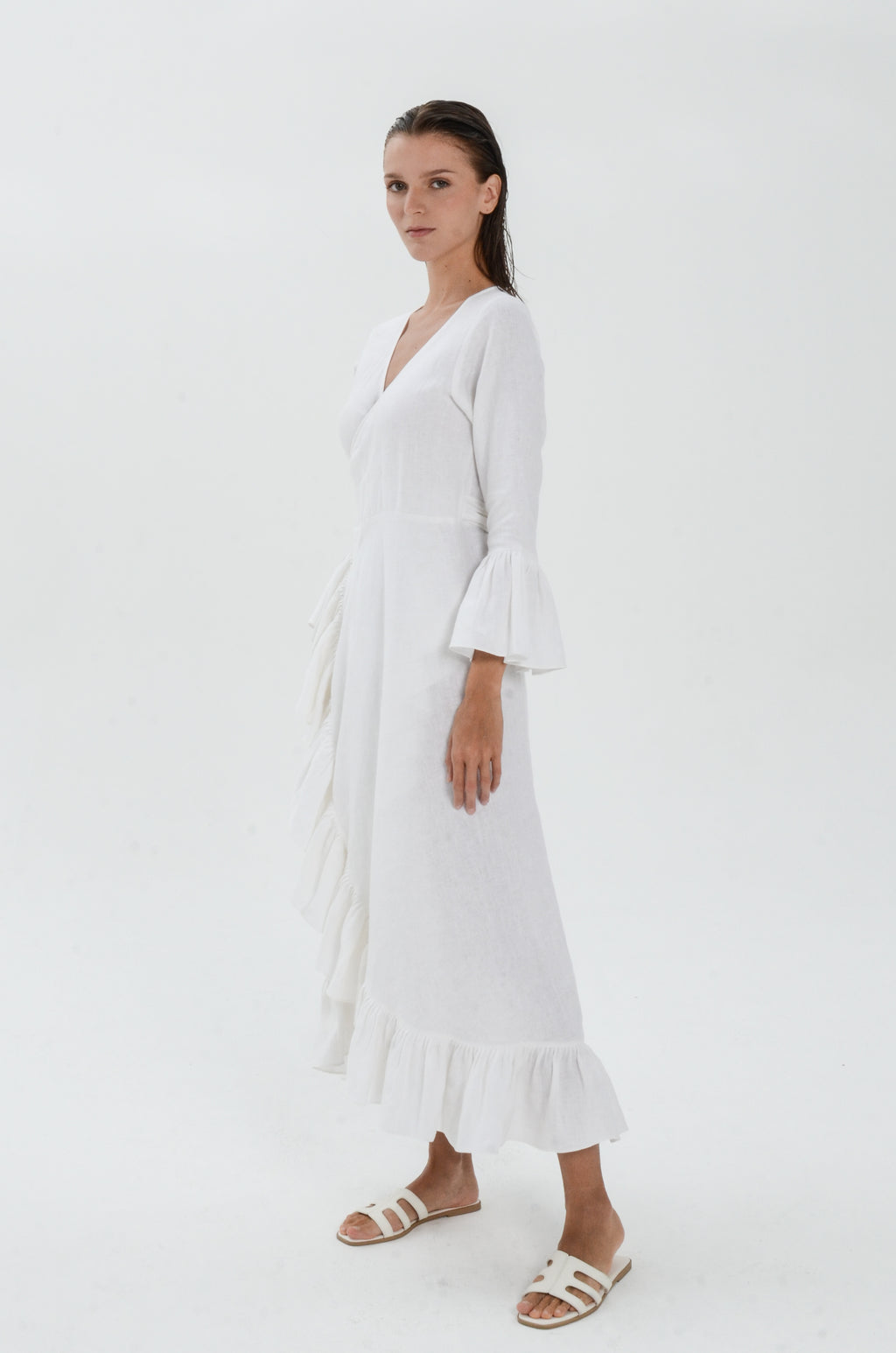 The Essence Linen Dress - Long Sleeves with Ruffle Detail