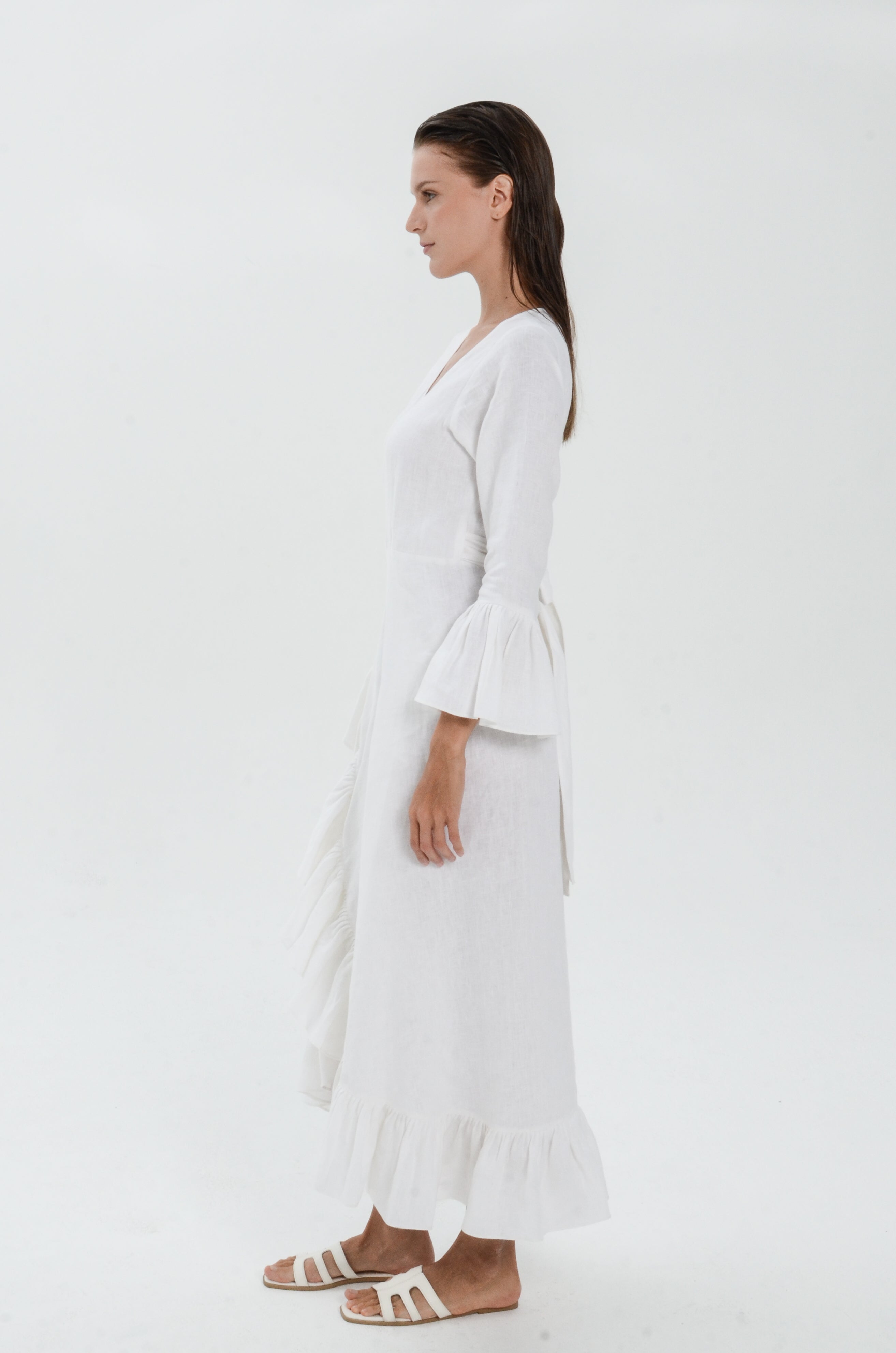 The Essence Linen Dress - Long Sleeves with Ruffle Detail