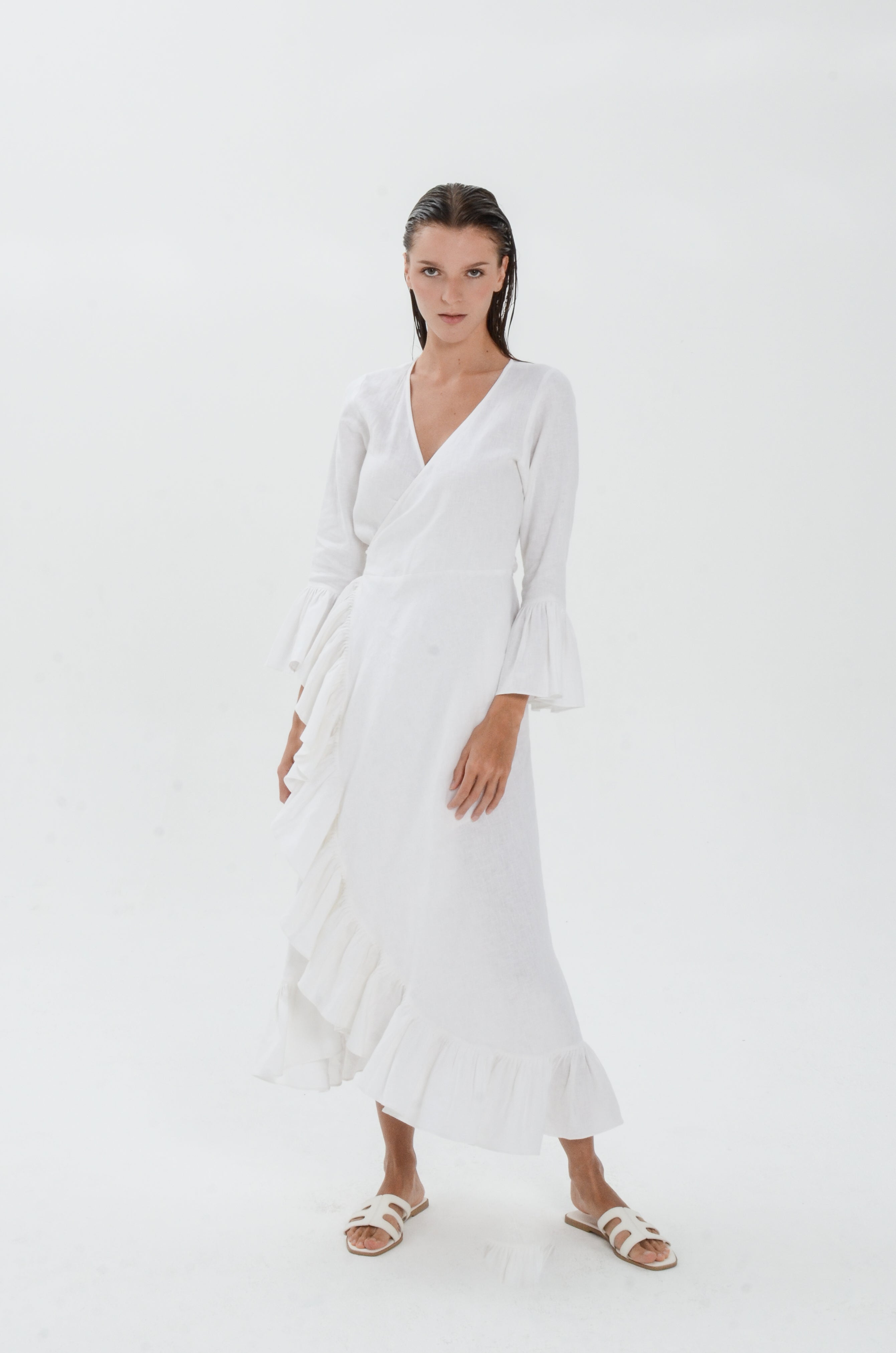 The Essence Linen Dress - Long Sleeves with Ruffle Detail