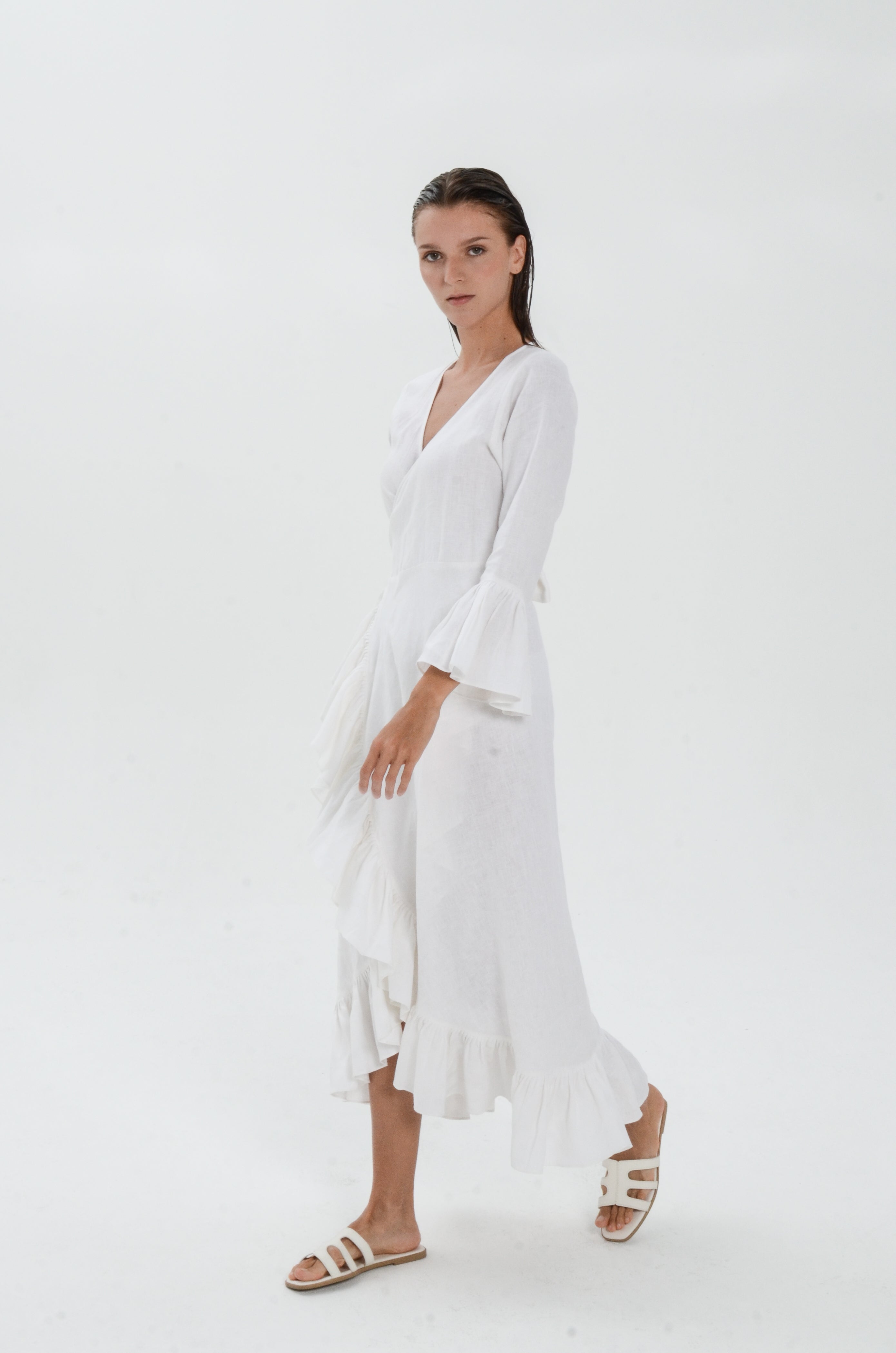 The Essence Linen Dress - Long Sleeves with Ruffle Detail
