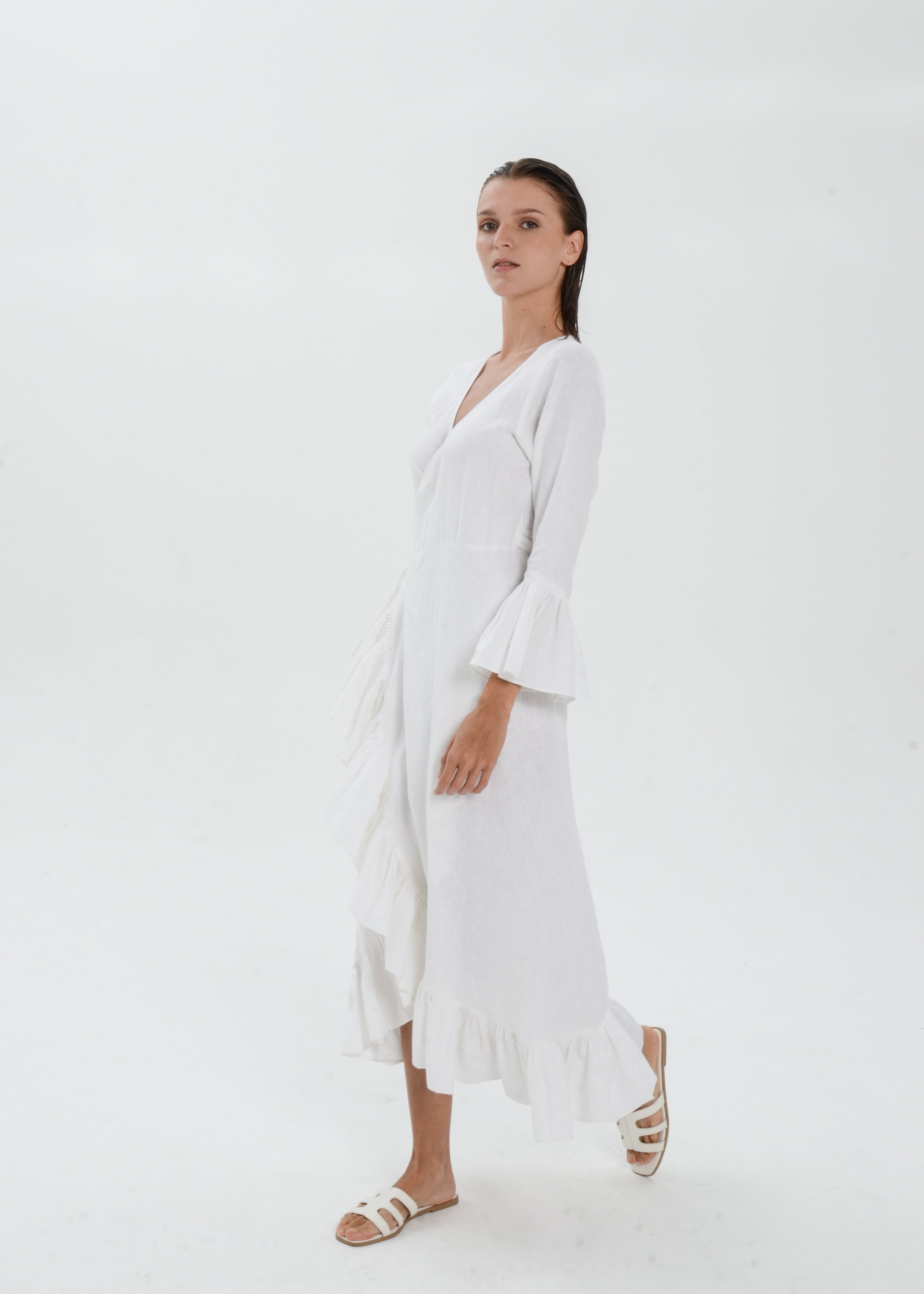 The Essence Linen Dress - Long Sleeves with Ruffle Detail
