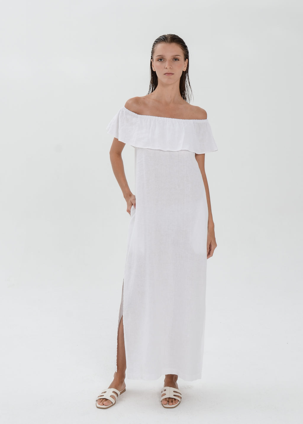 The Essence Linen Dress -  Off Shoulder with Ruffle Detail