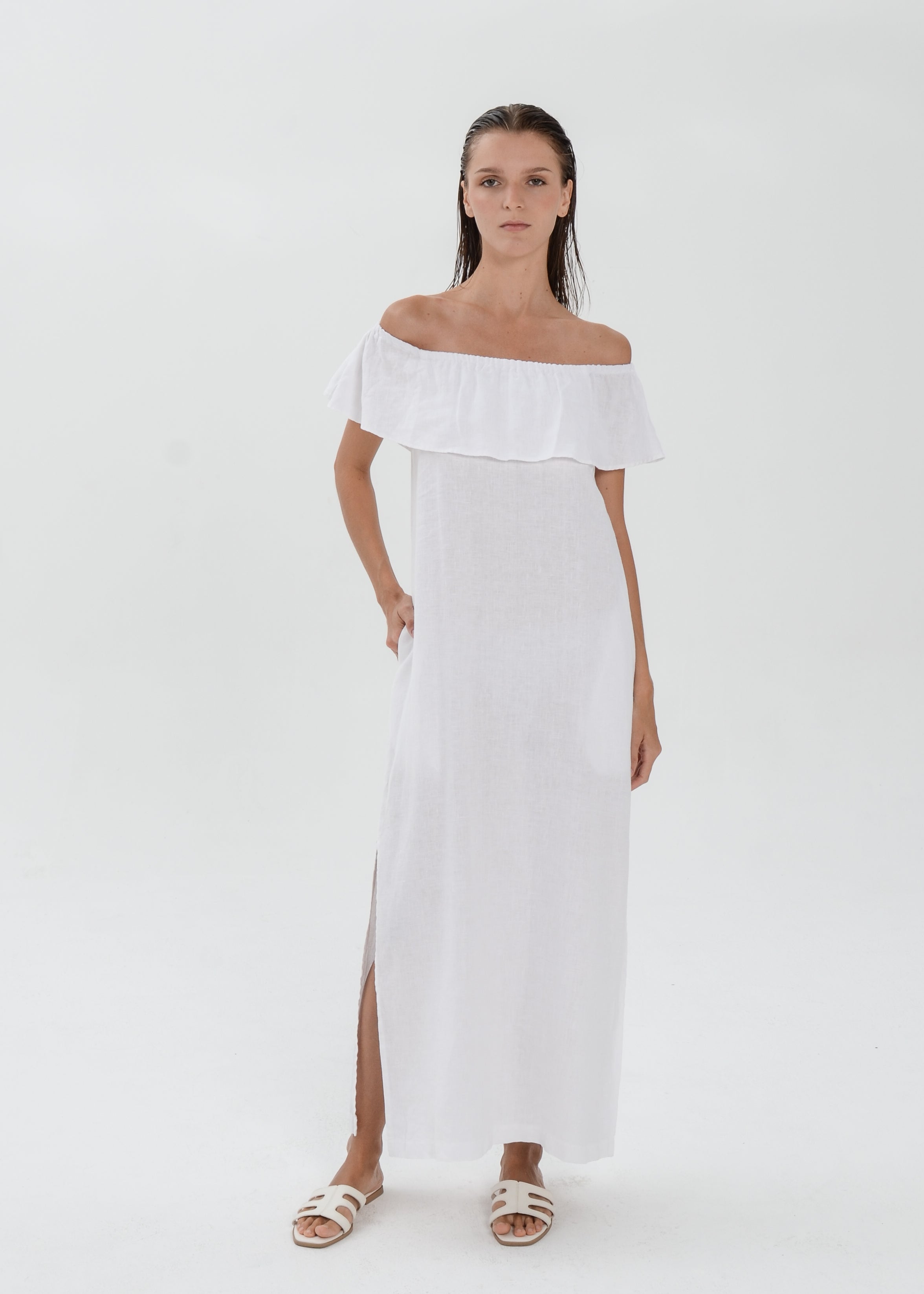 The Essence Linen Dress -  Off Shoulder with Ruffle Detail