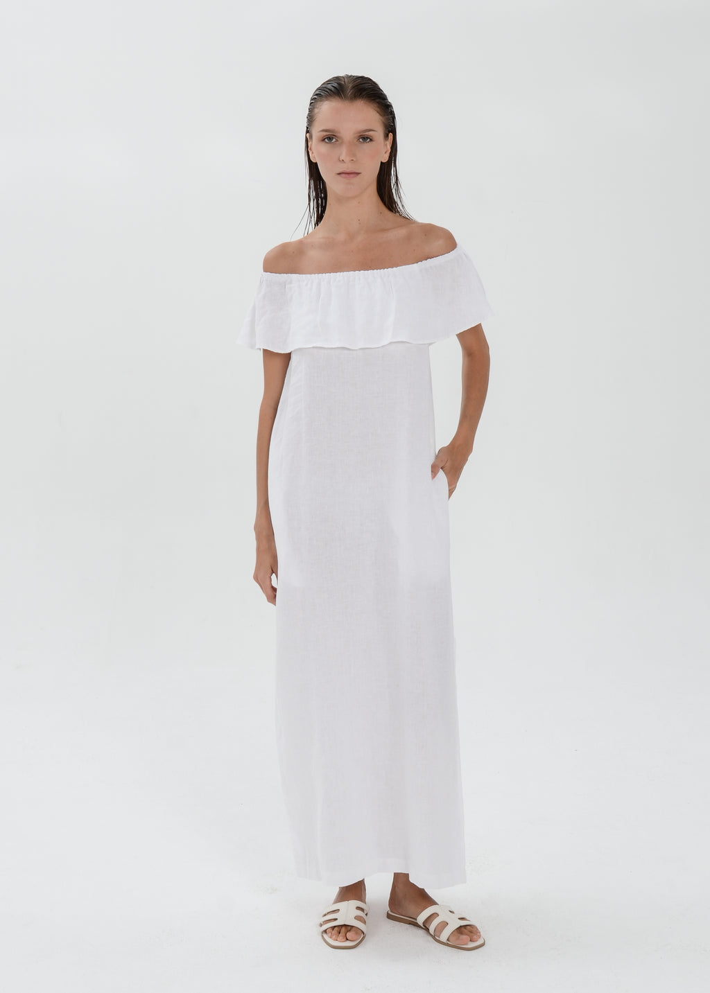 The Essence Linen Dress -  Off Shoulder with Ruffle Detail