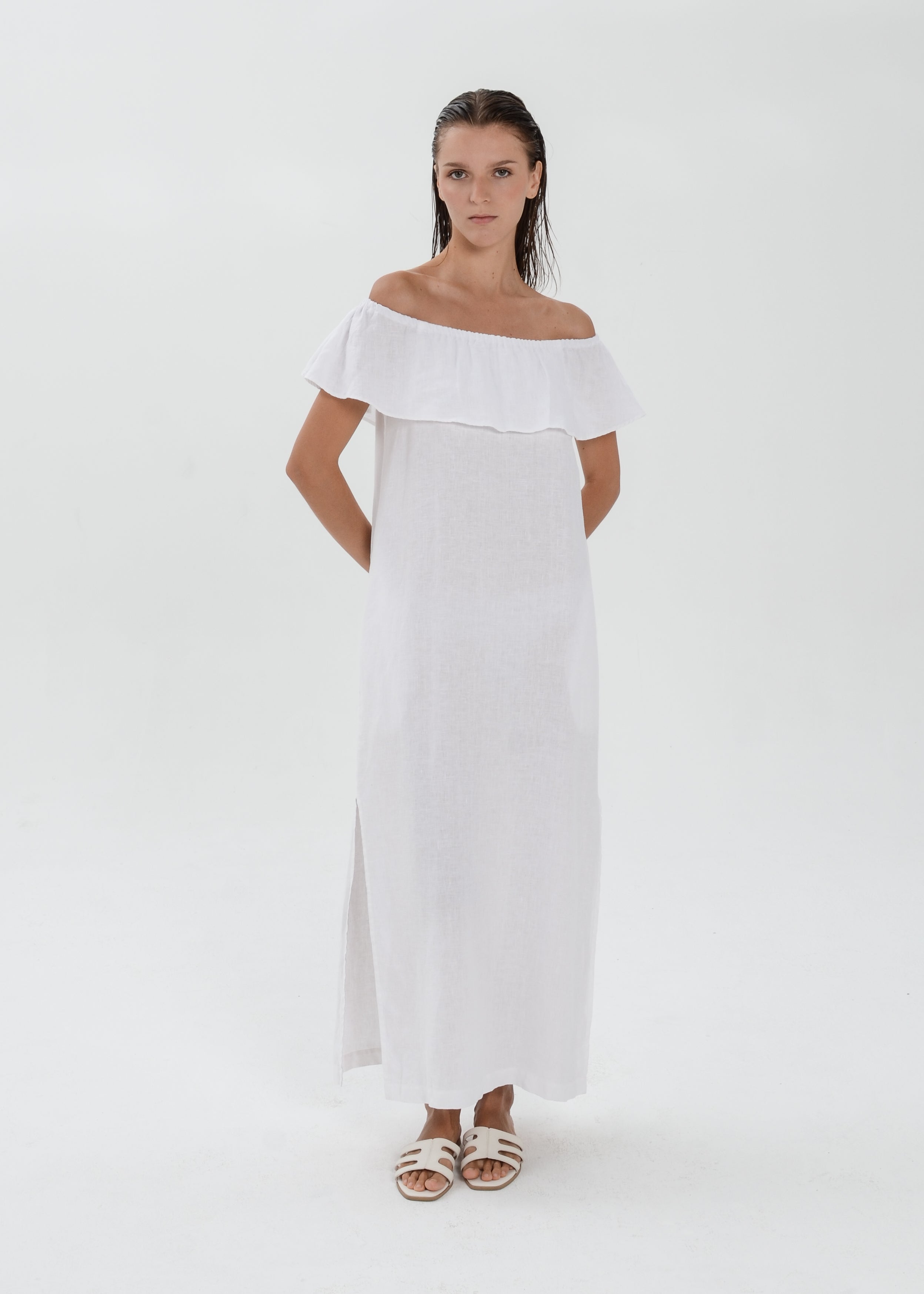 The Essence Linen Dress -  Off Shoulder with Ruffle Detail