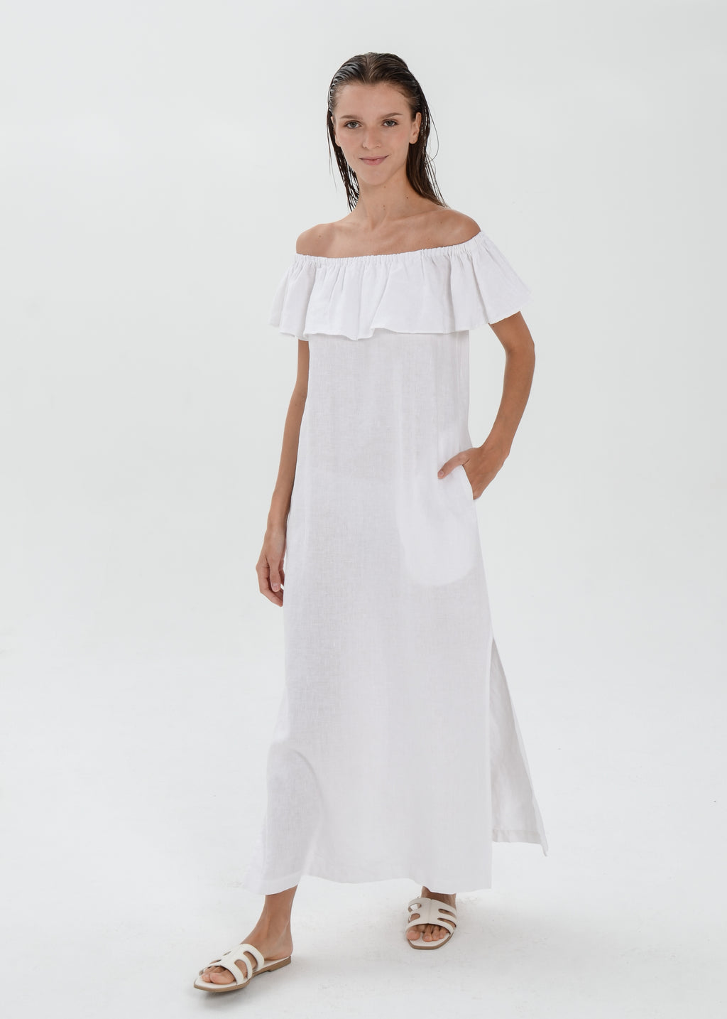 The Essence Linen Dress -  Off Shoulder with Ruffle Detail
