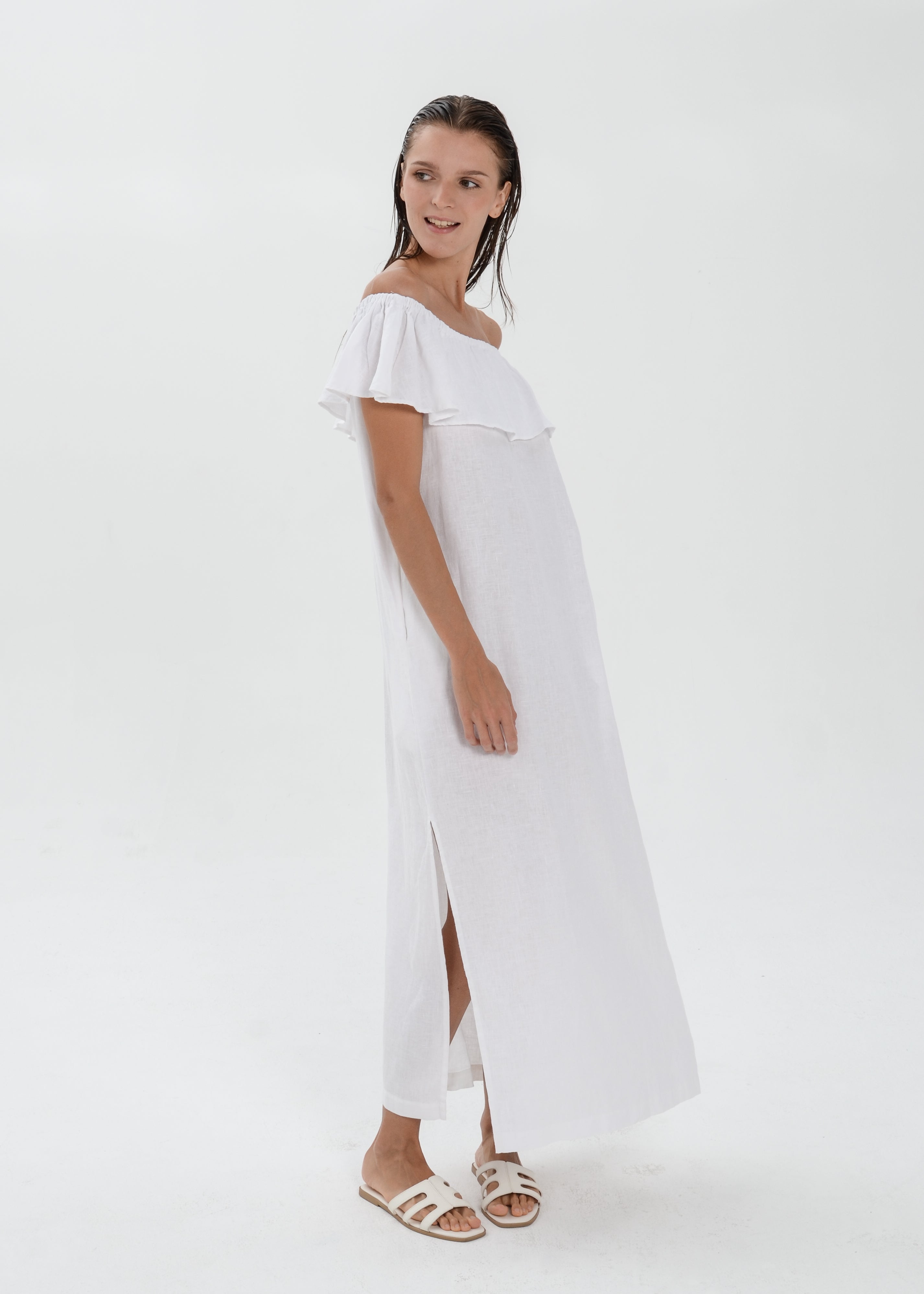 The Essence Linen Dress -  Off Shoulder with Ruffle Detail