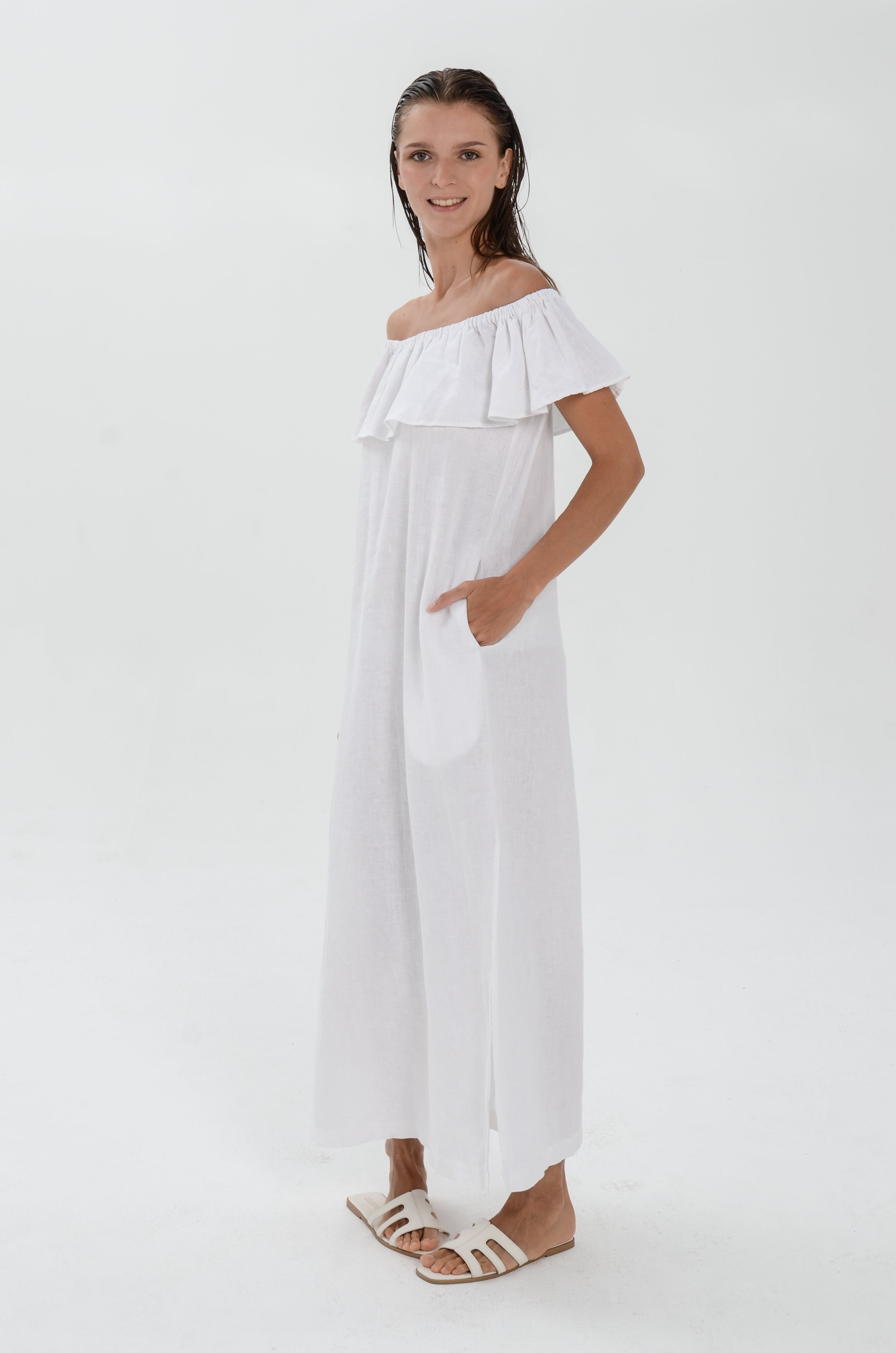 The Essence Linen Dress -  Off Shoulder with Ruffle Detail