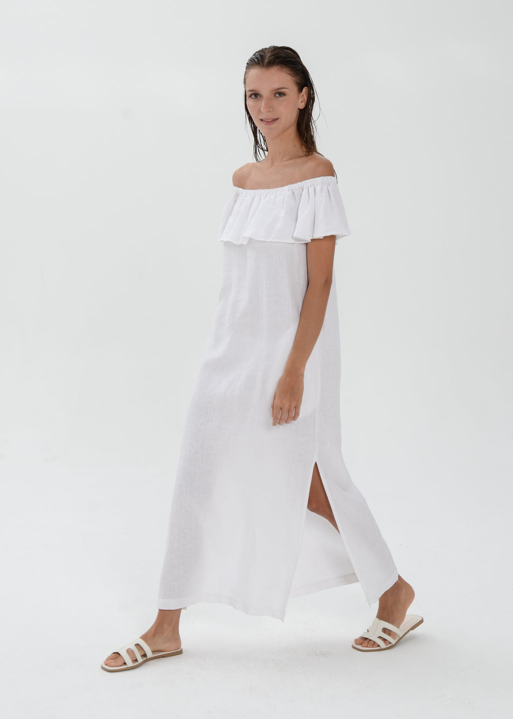 The Essence Linen Dress -  Off Shoulder with Ruffle Detail