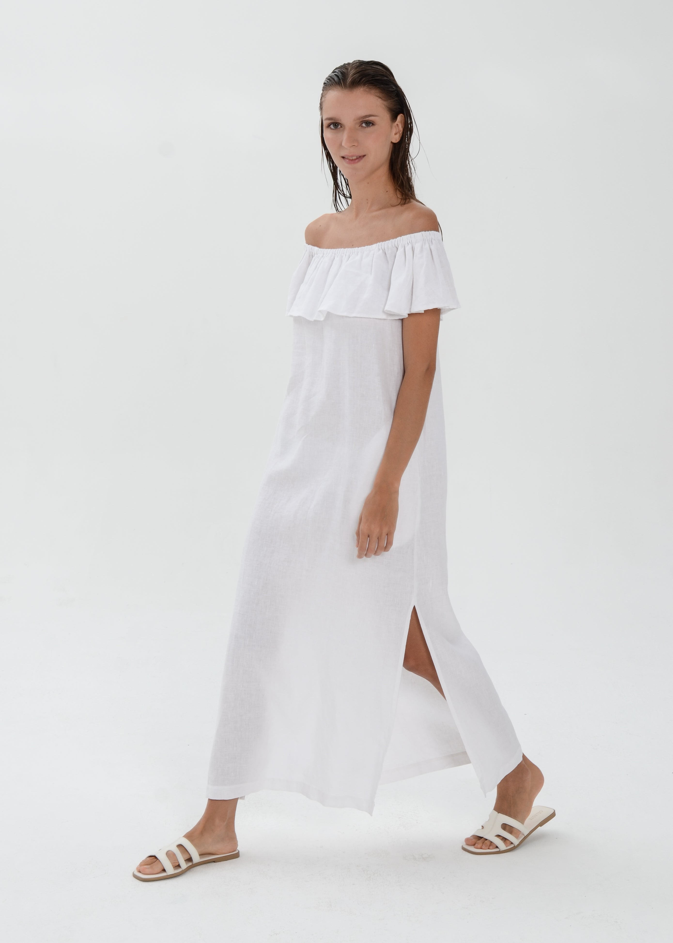 The Essence Linen Dress -  Off Shoulder with Ruffle Detail