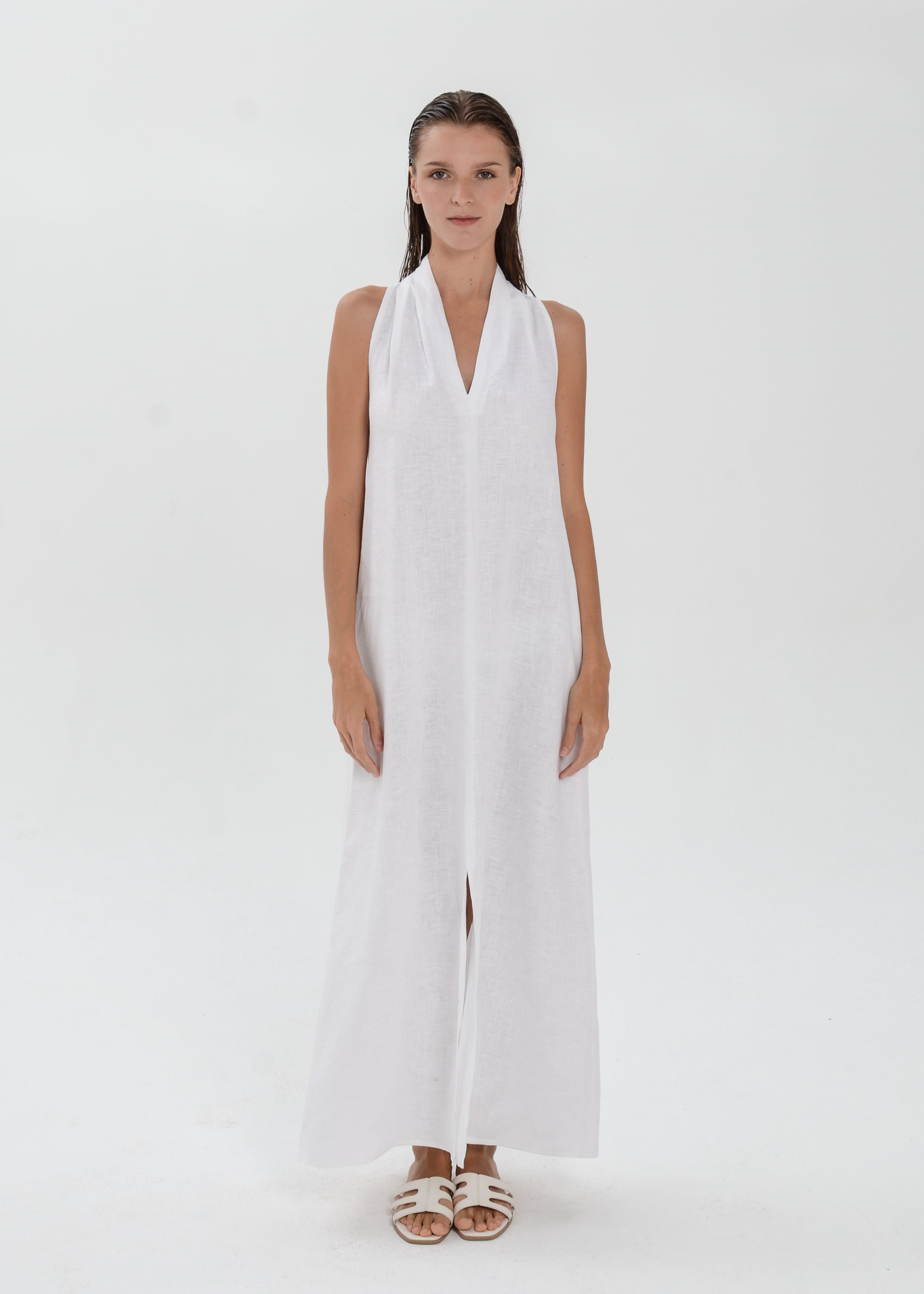 The Essence Linen Dress -  Sleeveless Long Dress with Front Slit