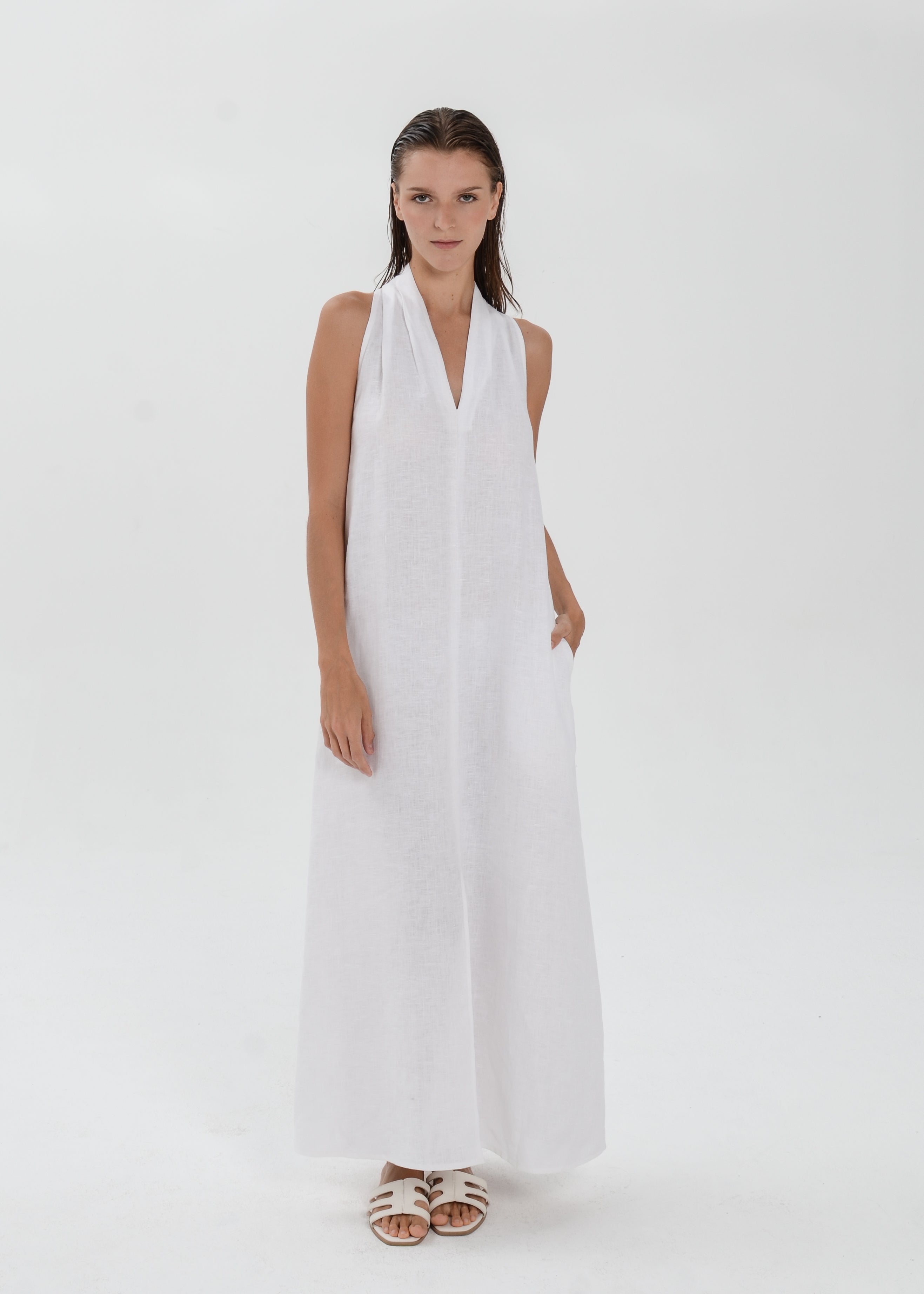 The Essence Linen Dress -  Sleeveless Long Dress with Front Slit