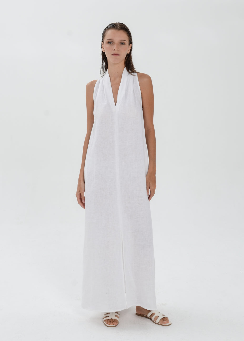 The Essence Linen Dress -  Sleeveless Long Dress with Front Slit