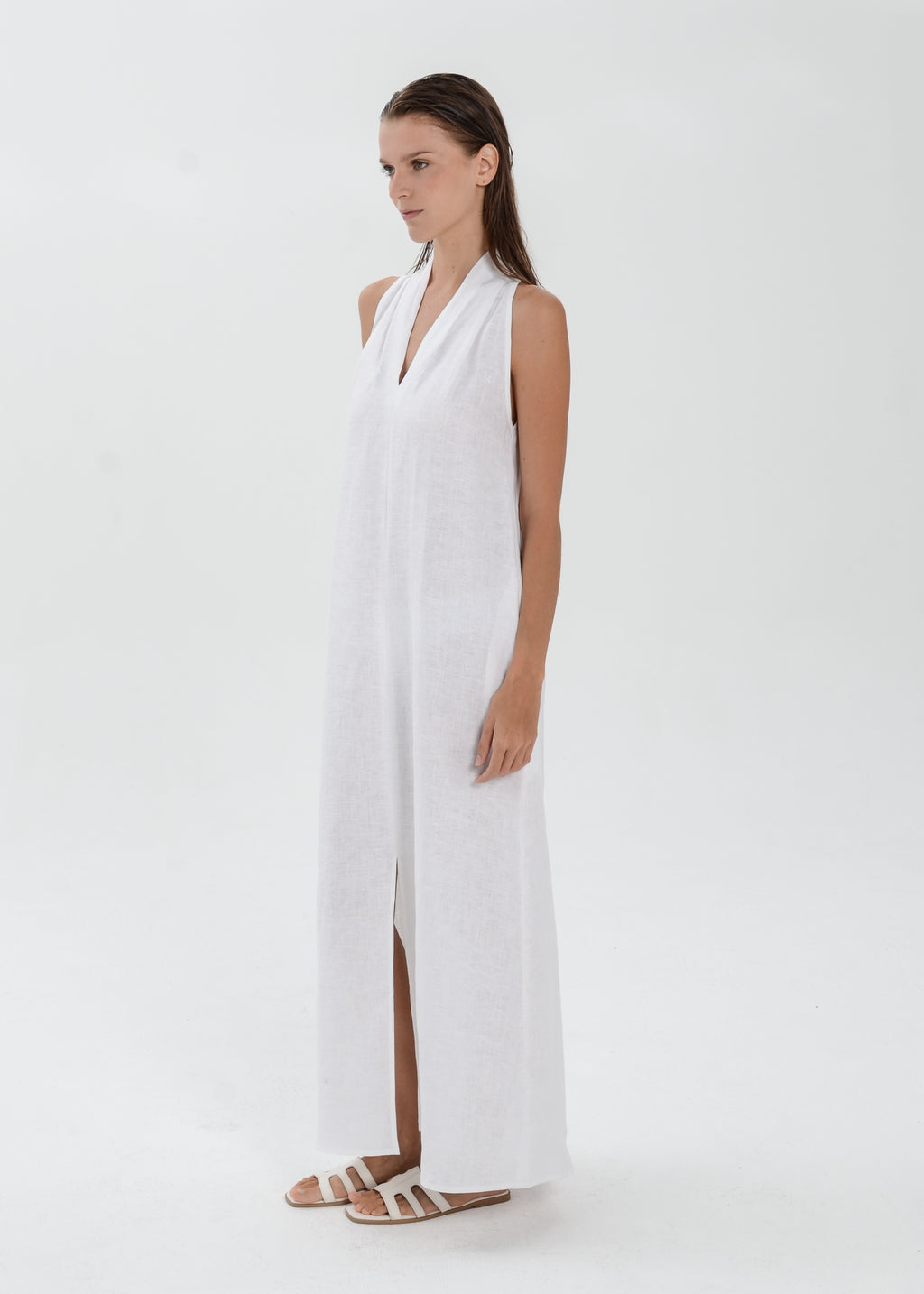 The Essence Linen Dress -  Sleeveless Long Dress with Front Slit