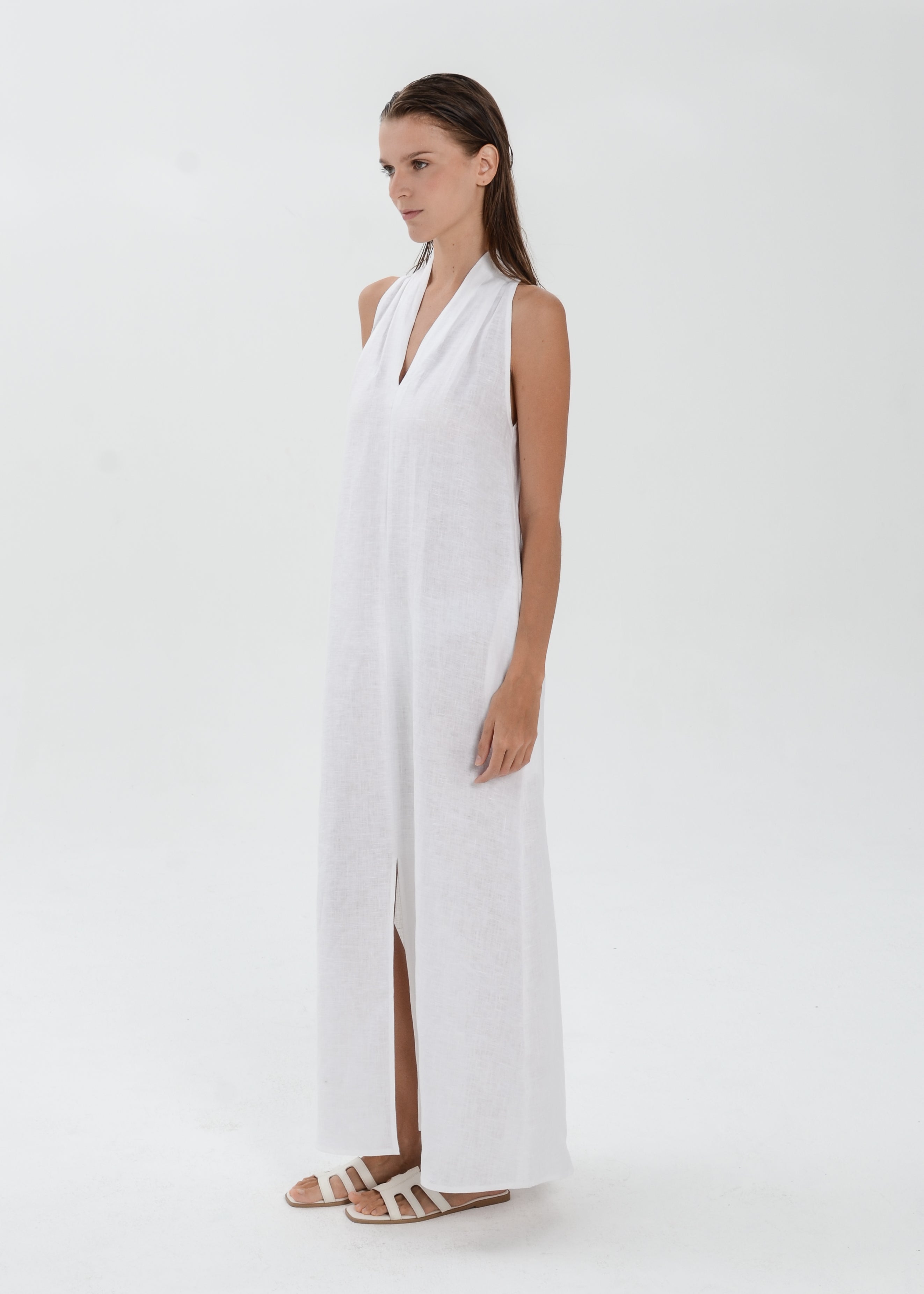The Essence Linen Dress -  Sleeveless Long Dress with Front Slit
