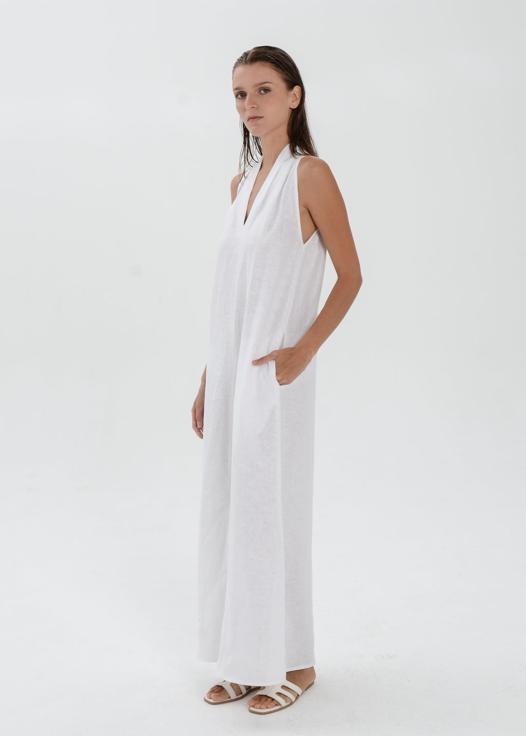 The Essence Linen Dress -  Sleeveless Long Dress with Front Slit