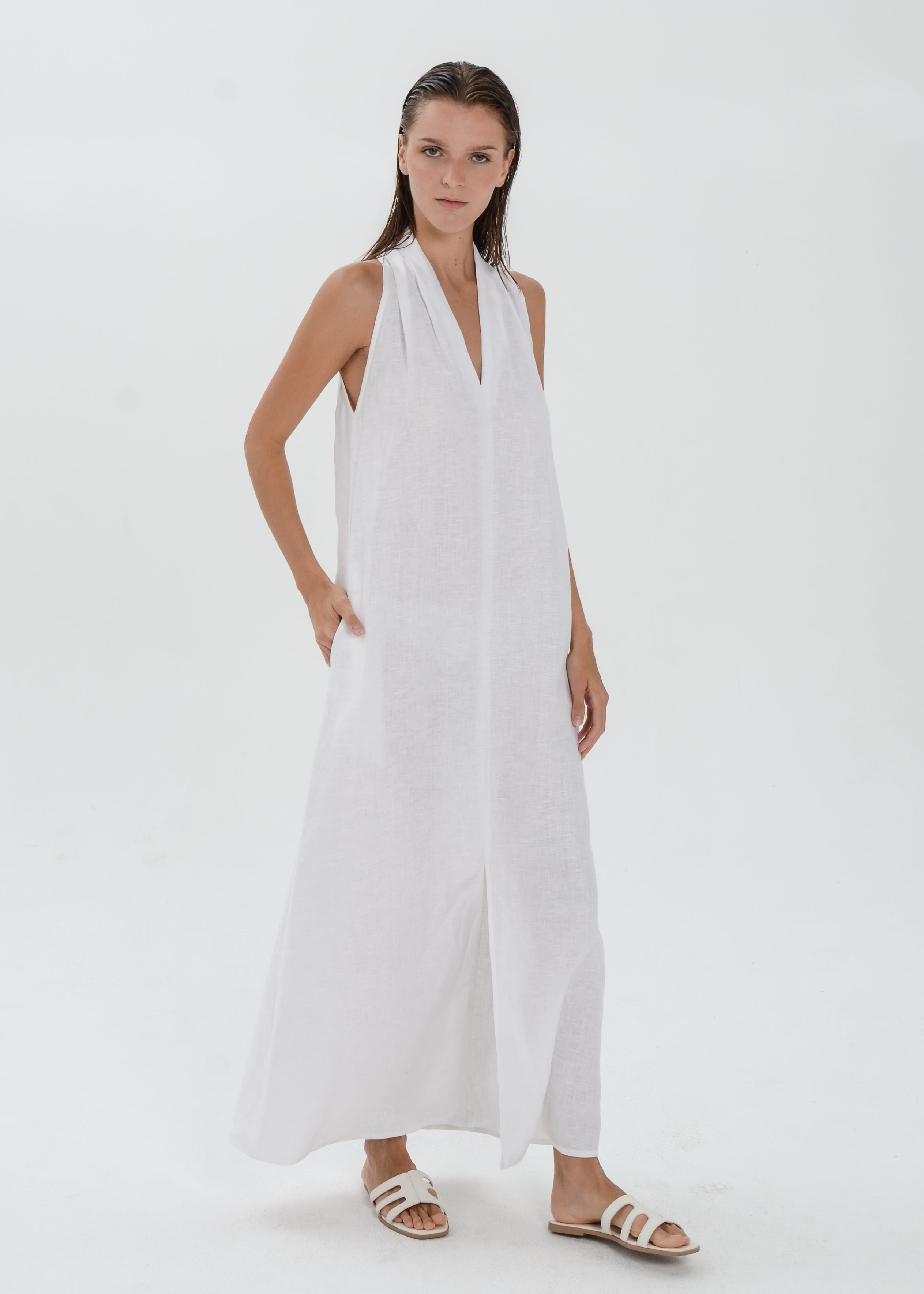 The Essence Linen Dress -  Sleeveless Long Dress with Front Slit
