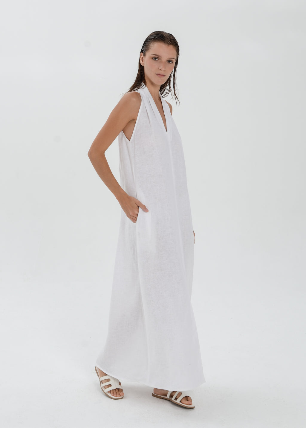The Essence Linen Dress -  Sleeveless Long Dress with Front Slit