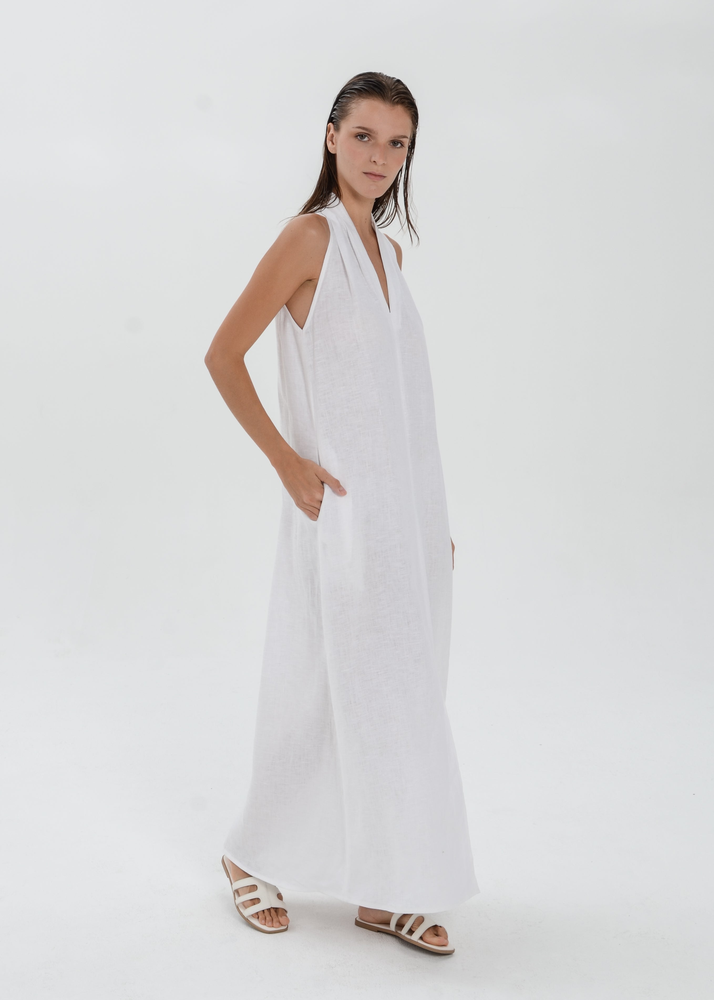 The Essence Linen Dress -  Sleeveless Long Dress with Front Slit