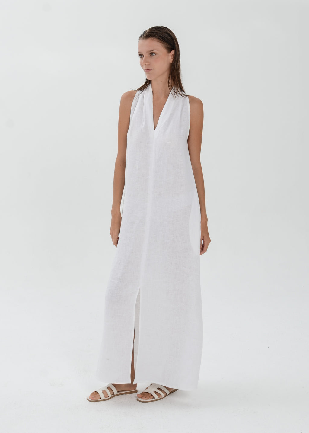 The Essence Linen Dress -  Sleeveless Long Dress with Front Slit