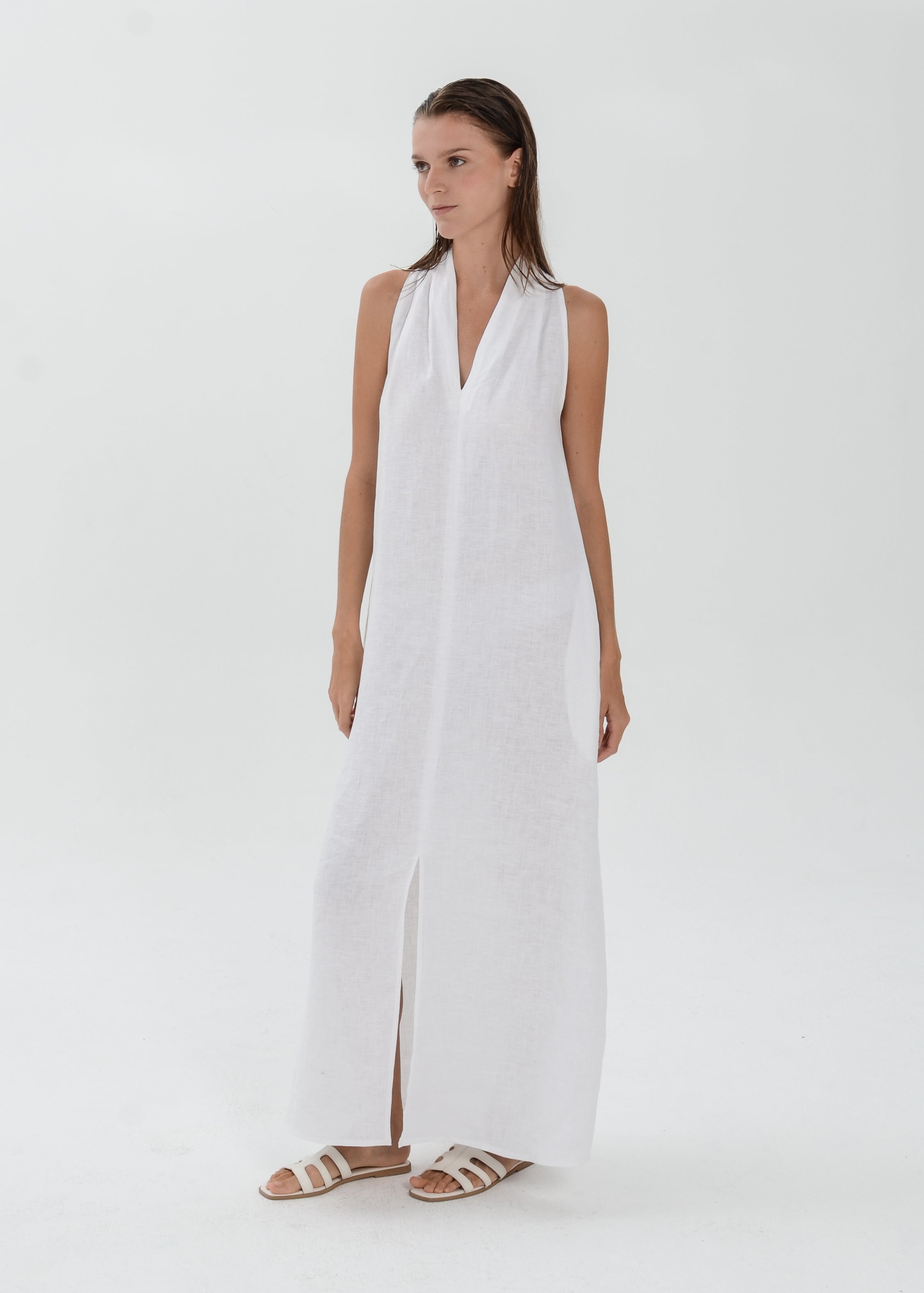 The Essence Linen Dress -  Sleeveless Long Dress with Front Slit