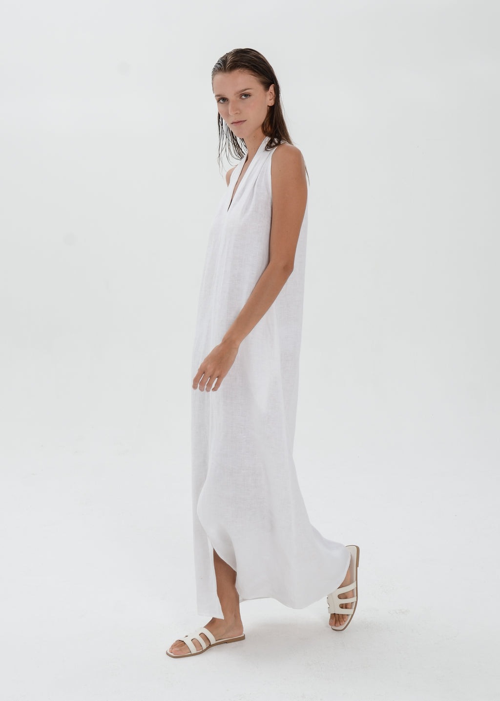 The Essence Linen Dress -  Sleeveless Long Dress with Front Slit