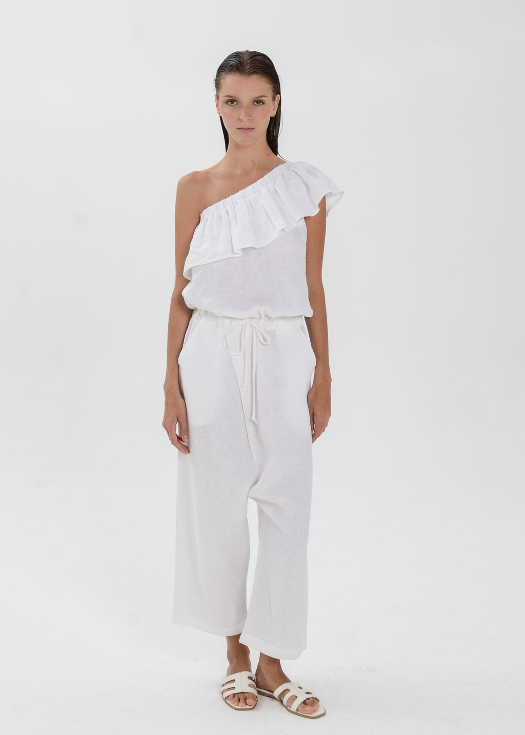 The Essence Linen Dress -  One Shoulder Jumpsuit with Ruffle Detail