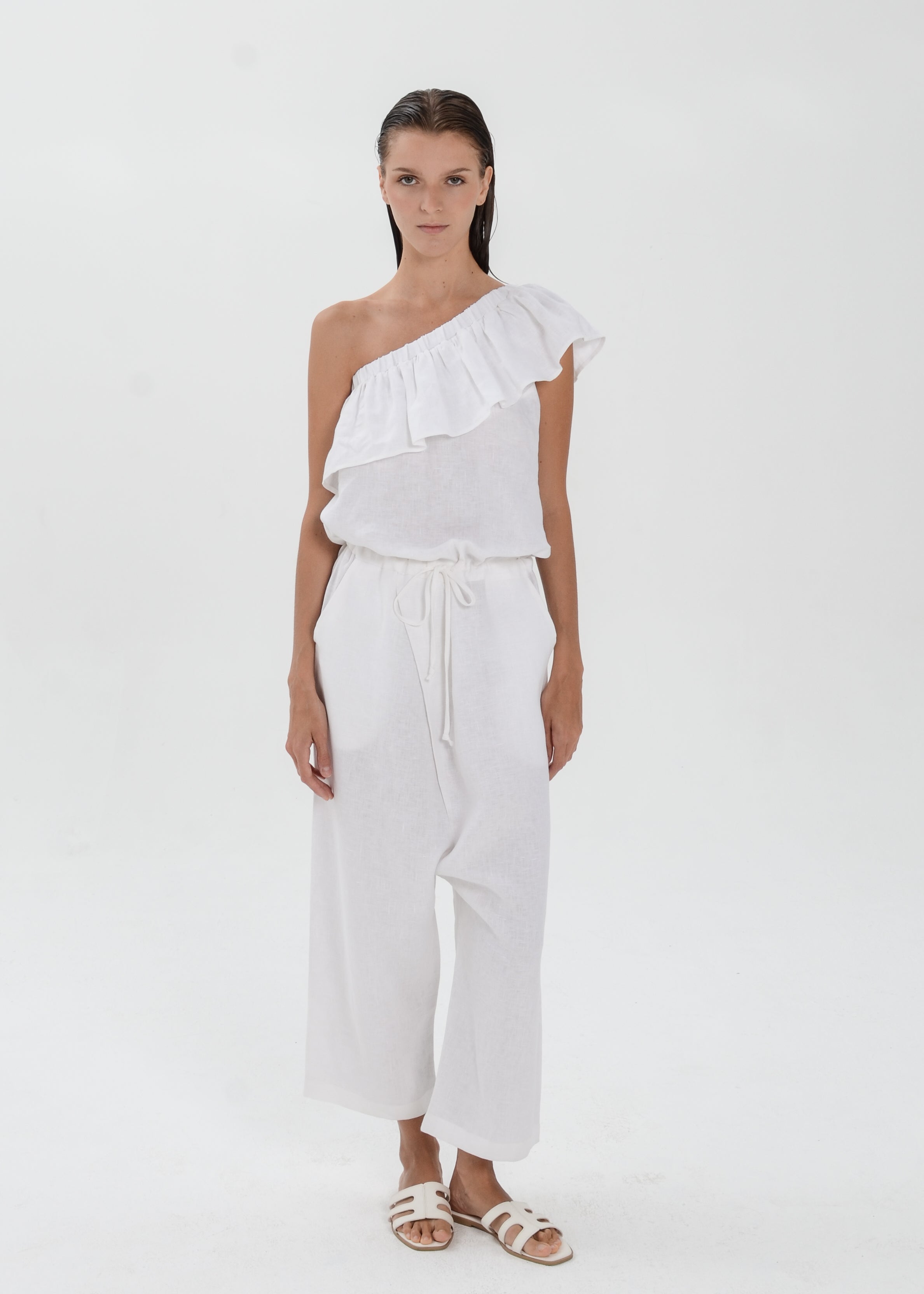 The Essence Linen Dress -  One Shoulder Jumpsuit with Ruffle Detail