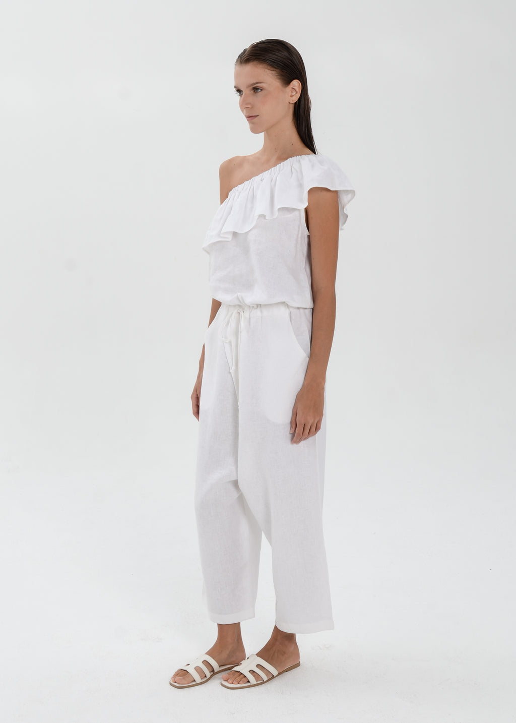 The Essence Linen Dress -  One Shoulder Jumpsuit with Ruffle Detail