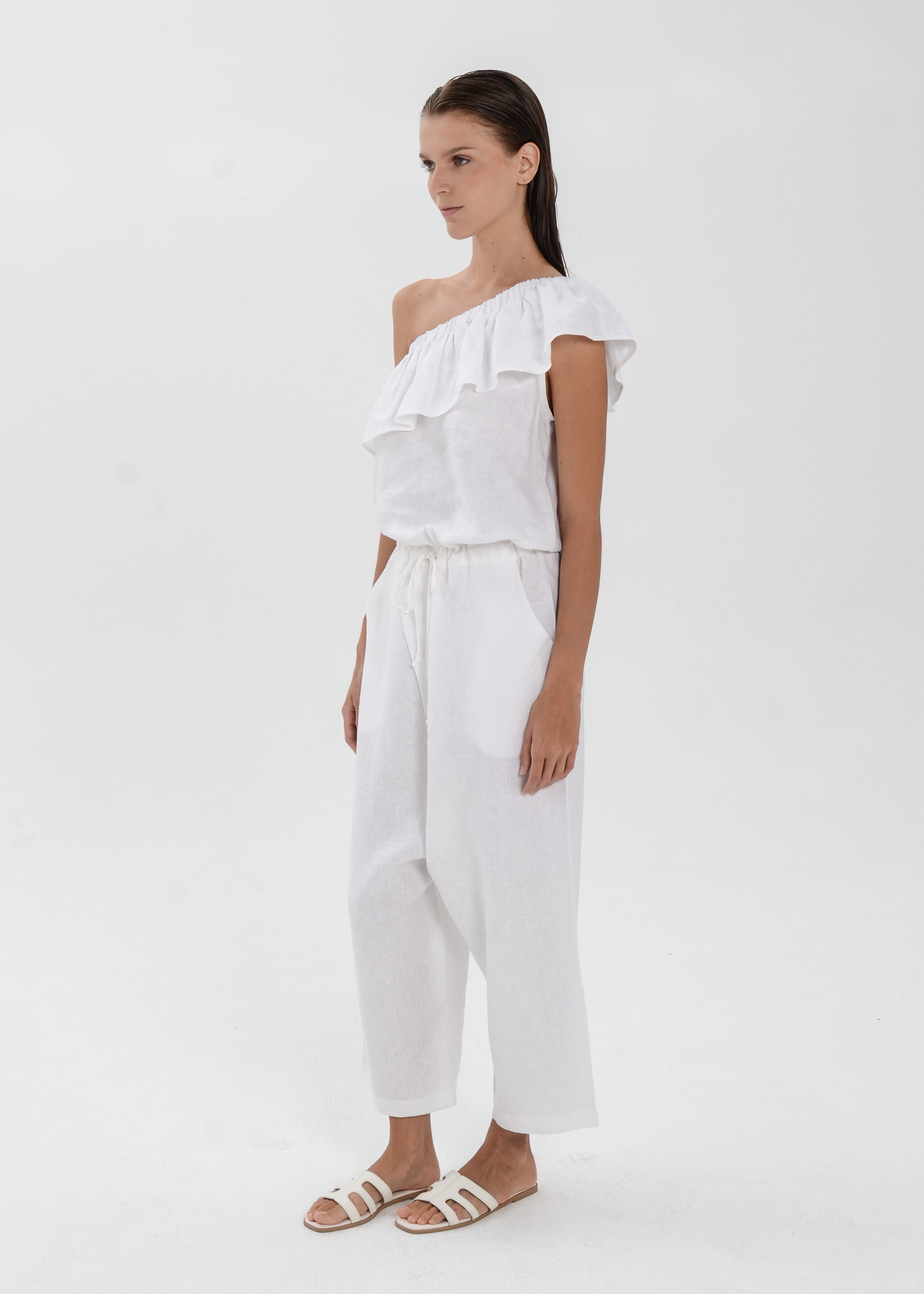 The Essence Linen Dress -  One Shoulder Jumpsuit with Ruffle Detail