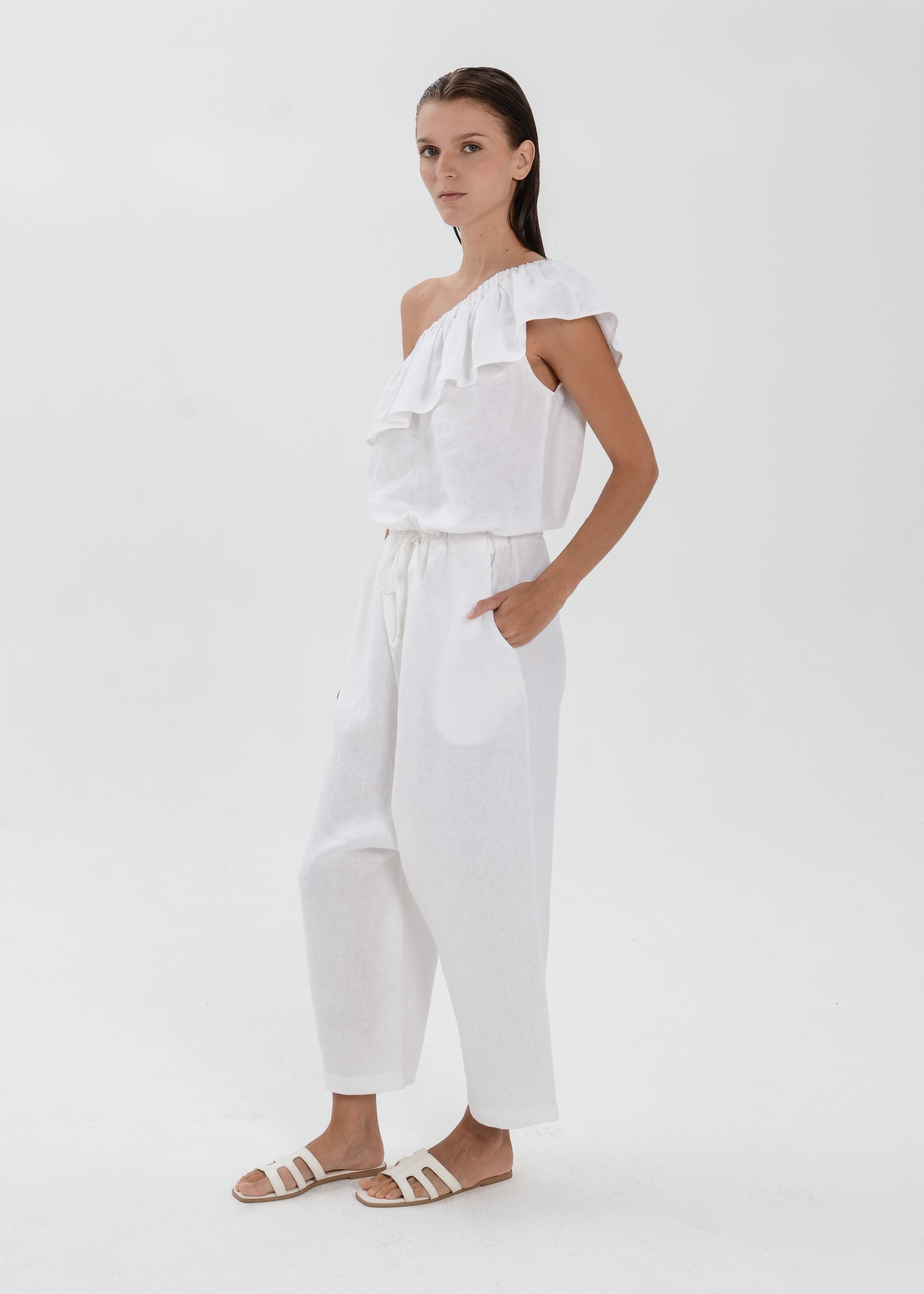 The Essence Linen Dress -  One Shoulder Jumpsuit with Ruffle Detail