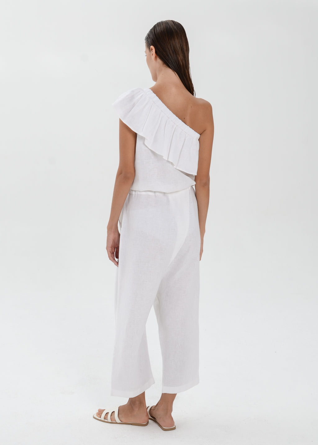 The Essence Linen Dress -  One Shoulder Jumpsuit with Ruffle Detail