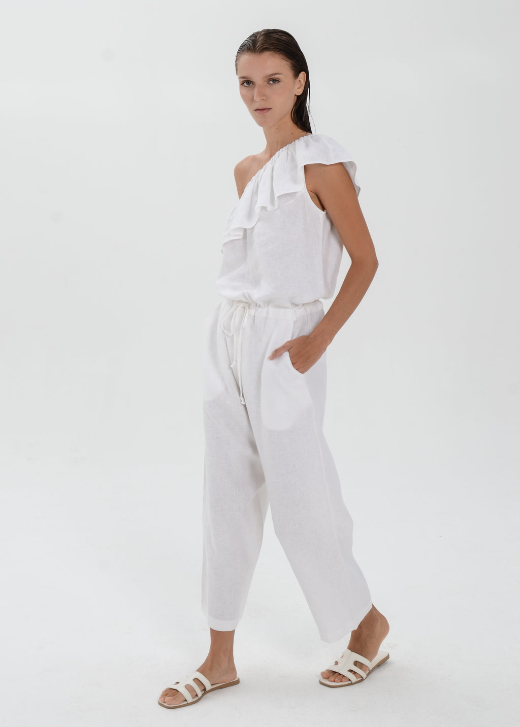 The Essence Linen Dress -  One Shoulder Jumpsuit with Ruffle Detail