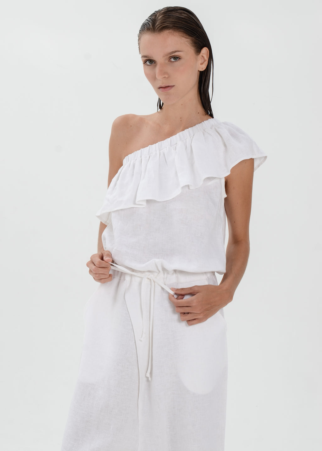 The Essence Linen Dress -  One Shoulder Jumpsuit with Ruffle Detail