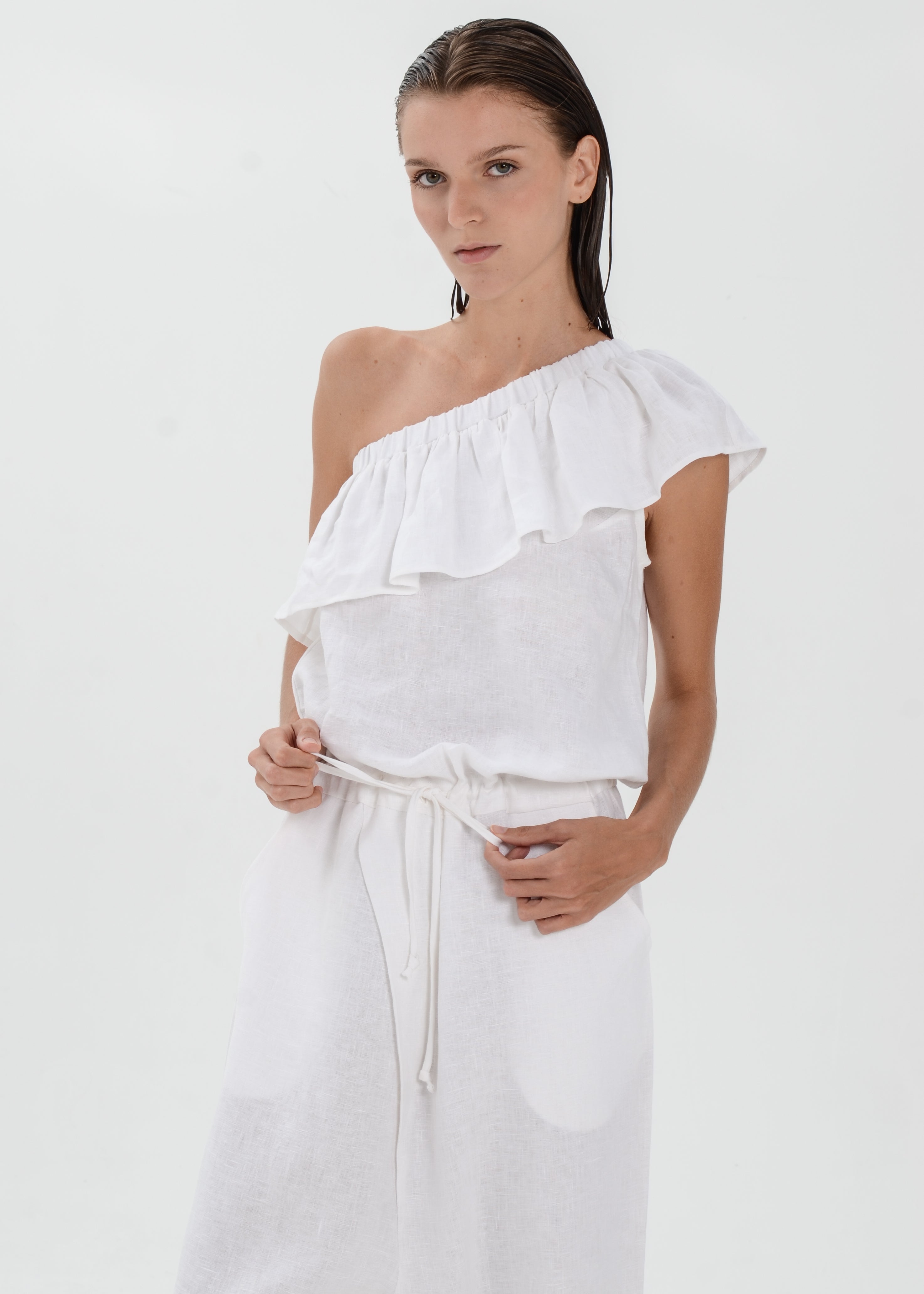 The Essence Linen Dress -  One Shoulder Jumpsuit with Ruffle Detail