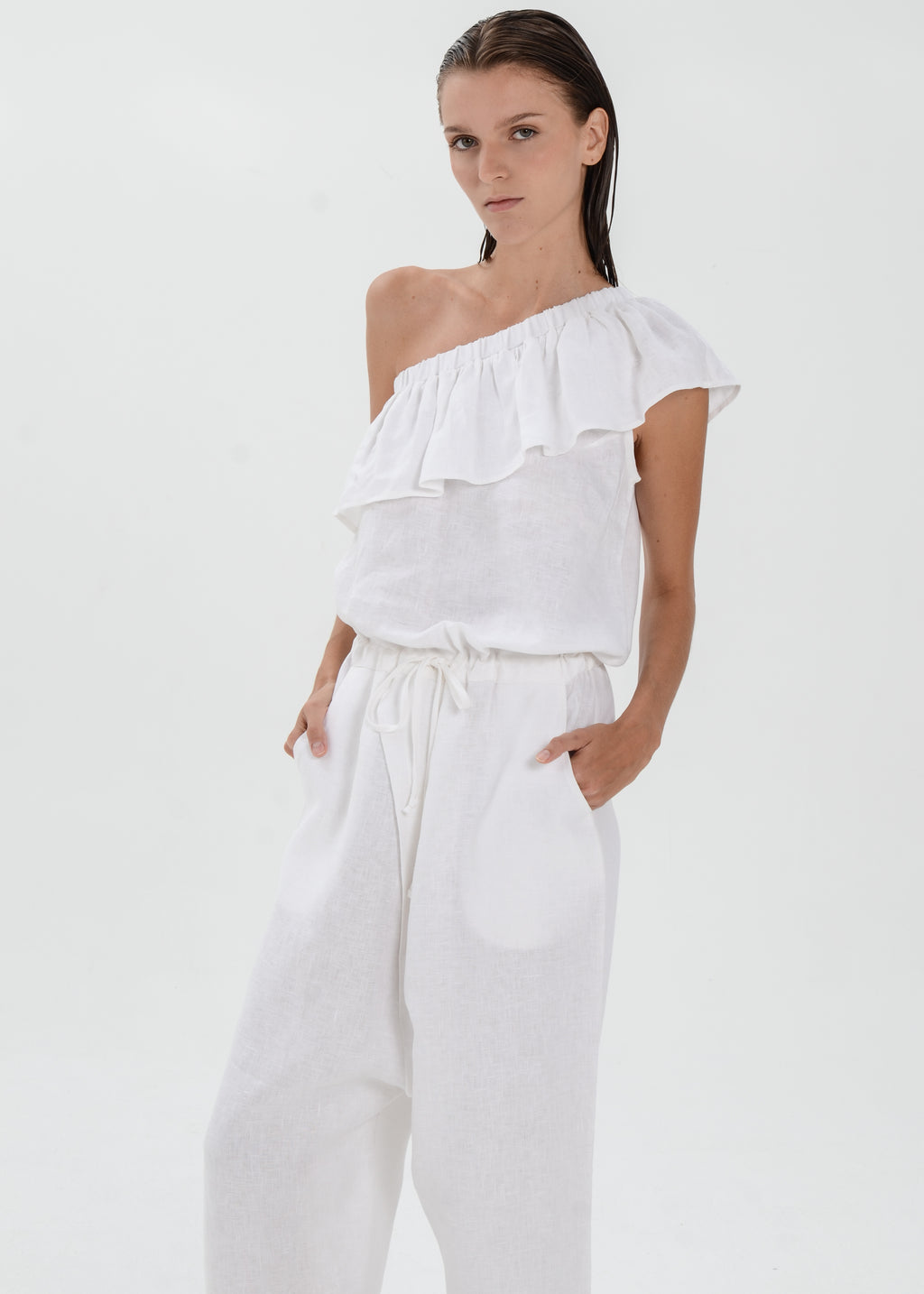 The Essence Linen Dress -  One Shoulder Jumpsuit with Ruffle Detail
