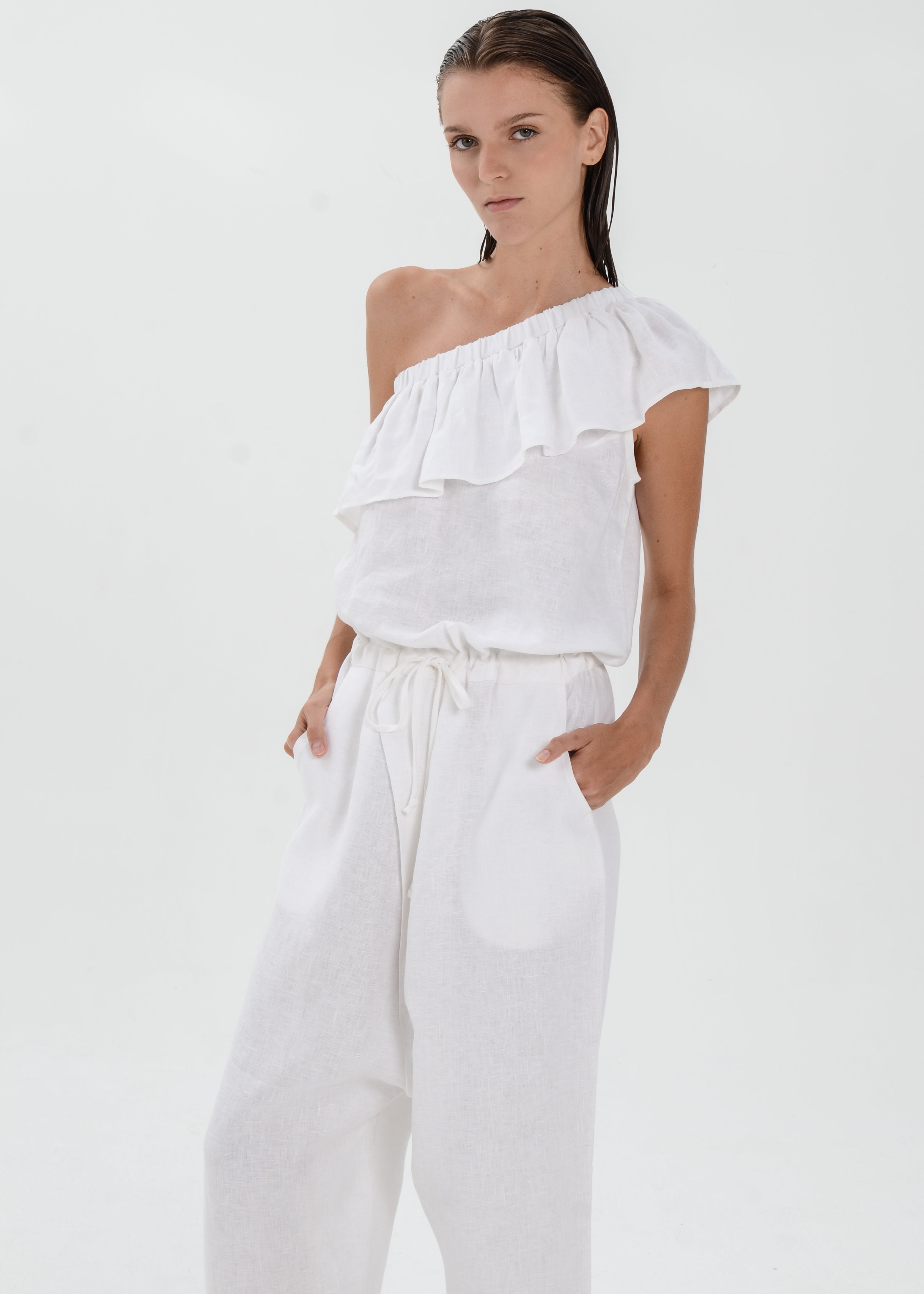 The Essence Linen Dress -  One Shoulder Jumpsuit with Ruffle Detail