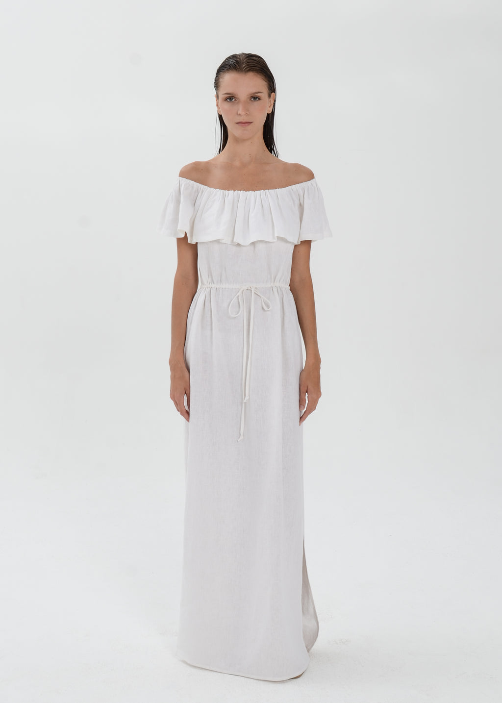The Essence Linen Dress -  Off Shoulder Drawstring Waist Dress with Ruffle Detail