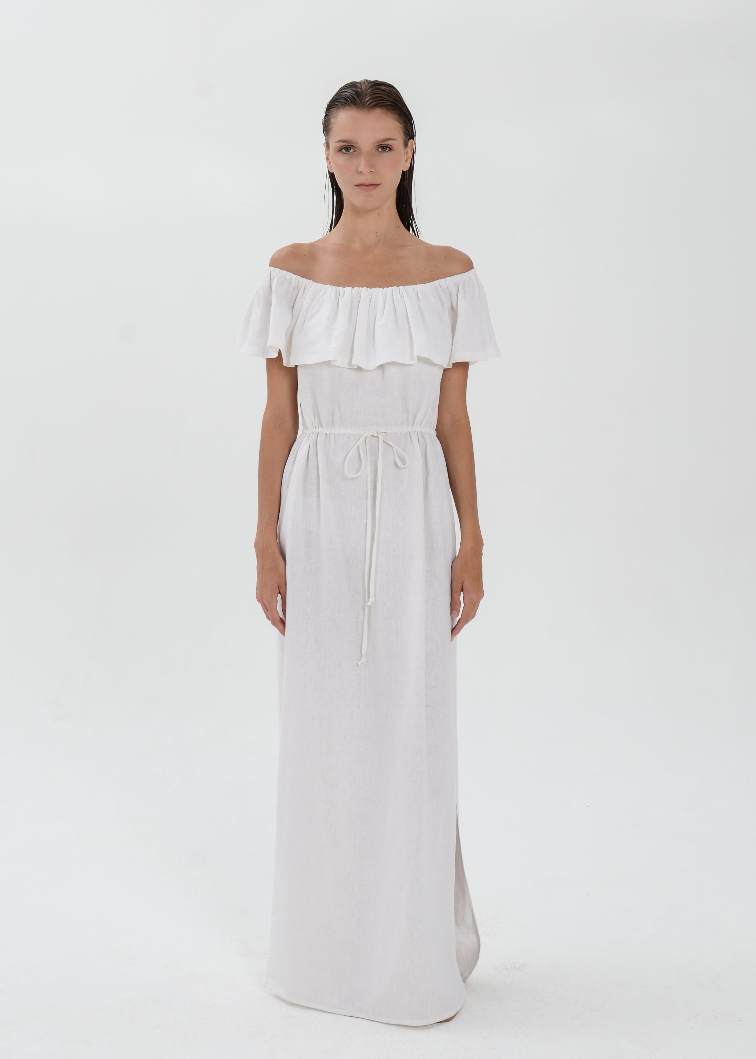The Essence Linen Dress -  Off Shoulder Drawstring Waist Dress with Ruffle Detail