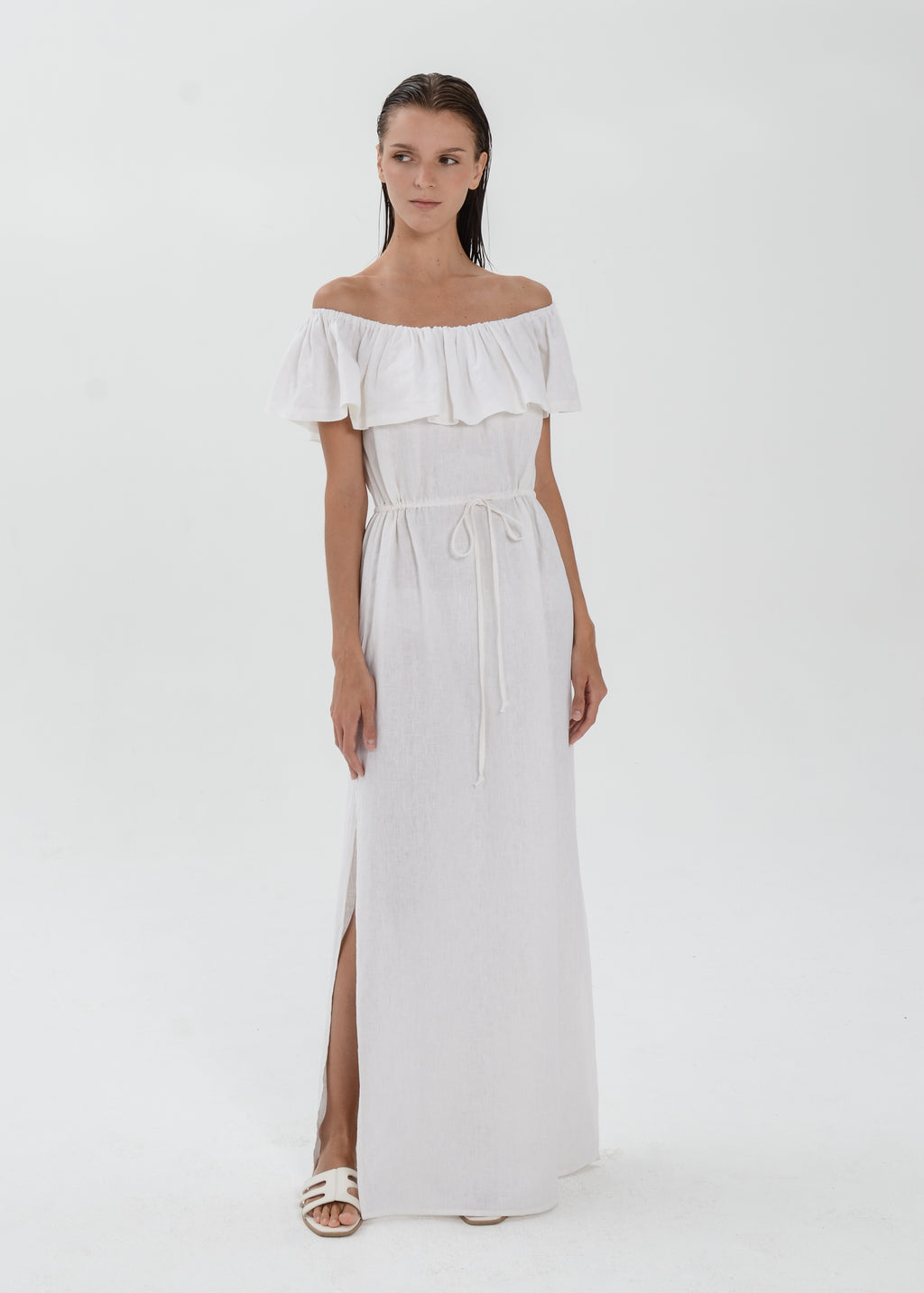 The Essence Linen Dress -  Off Shoulder Drawstring Waist Dress with Ruffle Detail