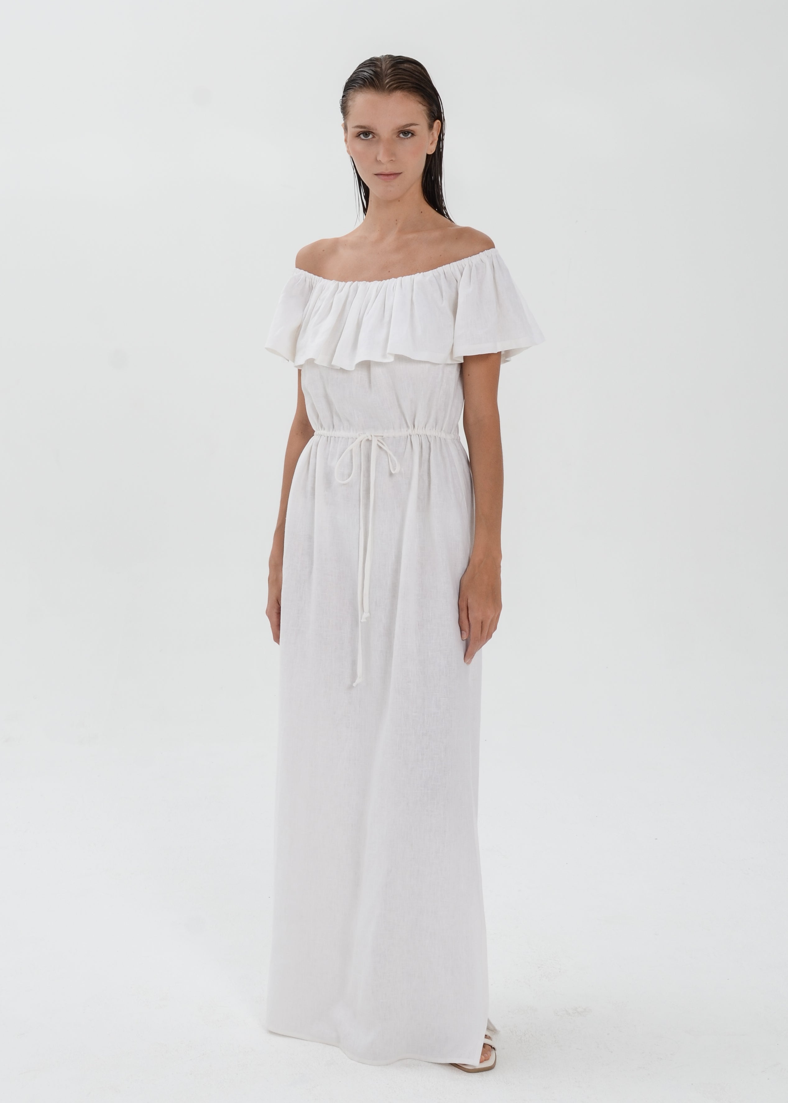 The Essence Linen Dress -  Off Shoulder Drawstring Waist Dress with Ruffle Detail