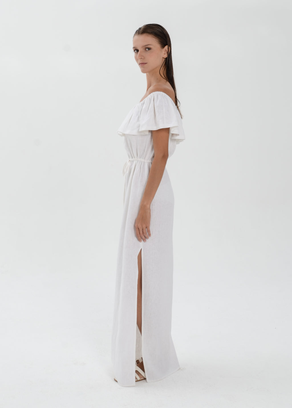 The Essence Linen Dress -  Off Shoulder Drawstring Waist Dress with Ruffle Detail