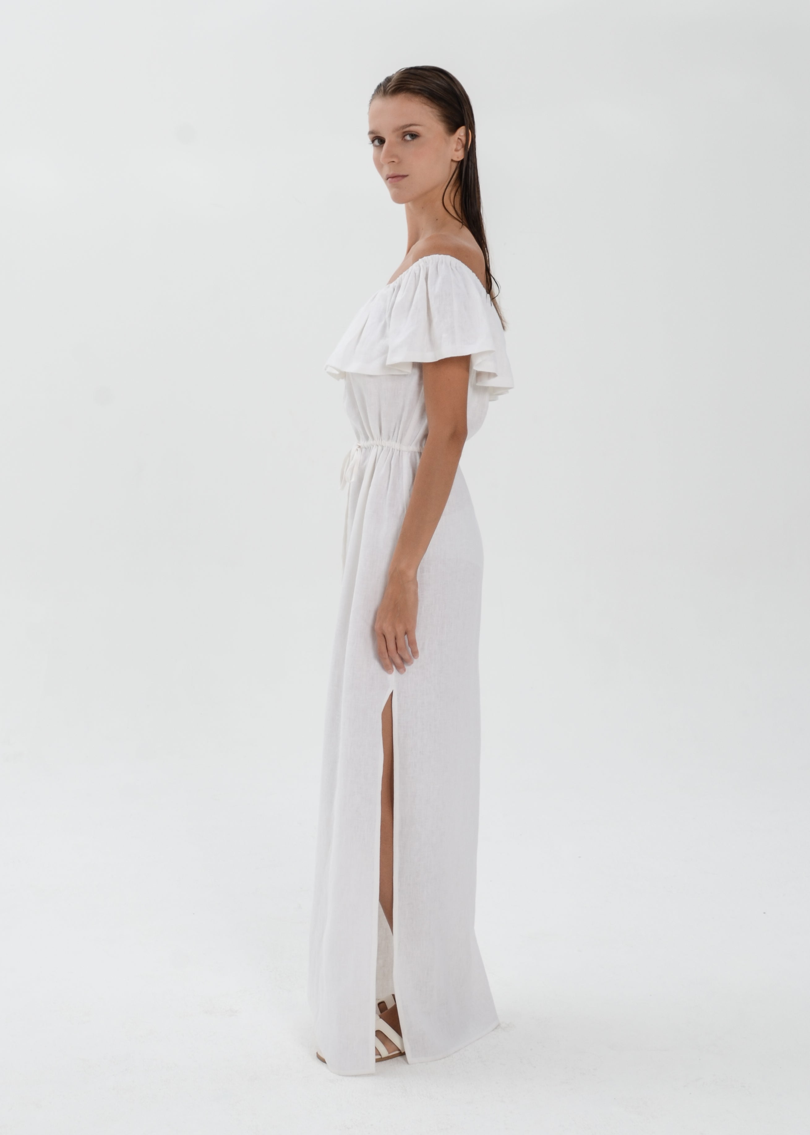 The Essence Linen Dress -  Off Shoulder Drawstring Waist Dress with Ruffle Detail
