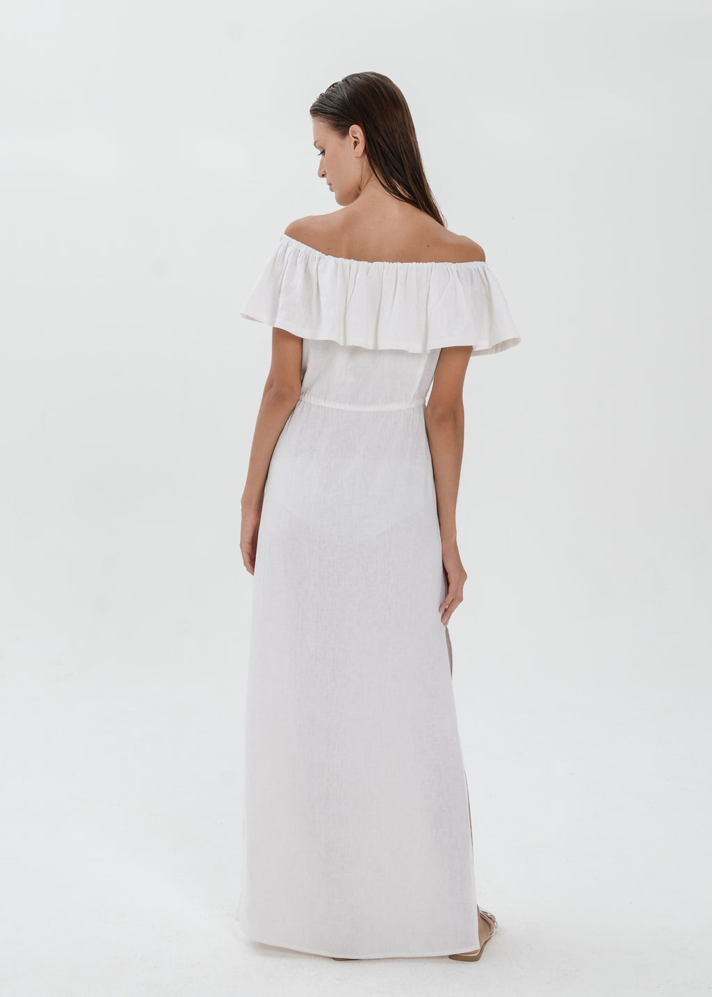 The Essence Linen Dress -  Off Shoulder Drawstring Waist Dress with Ruffle Detail