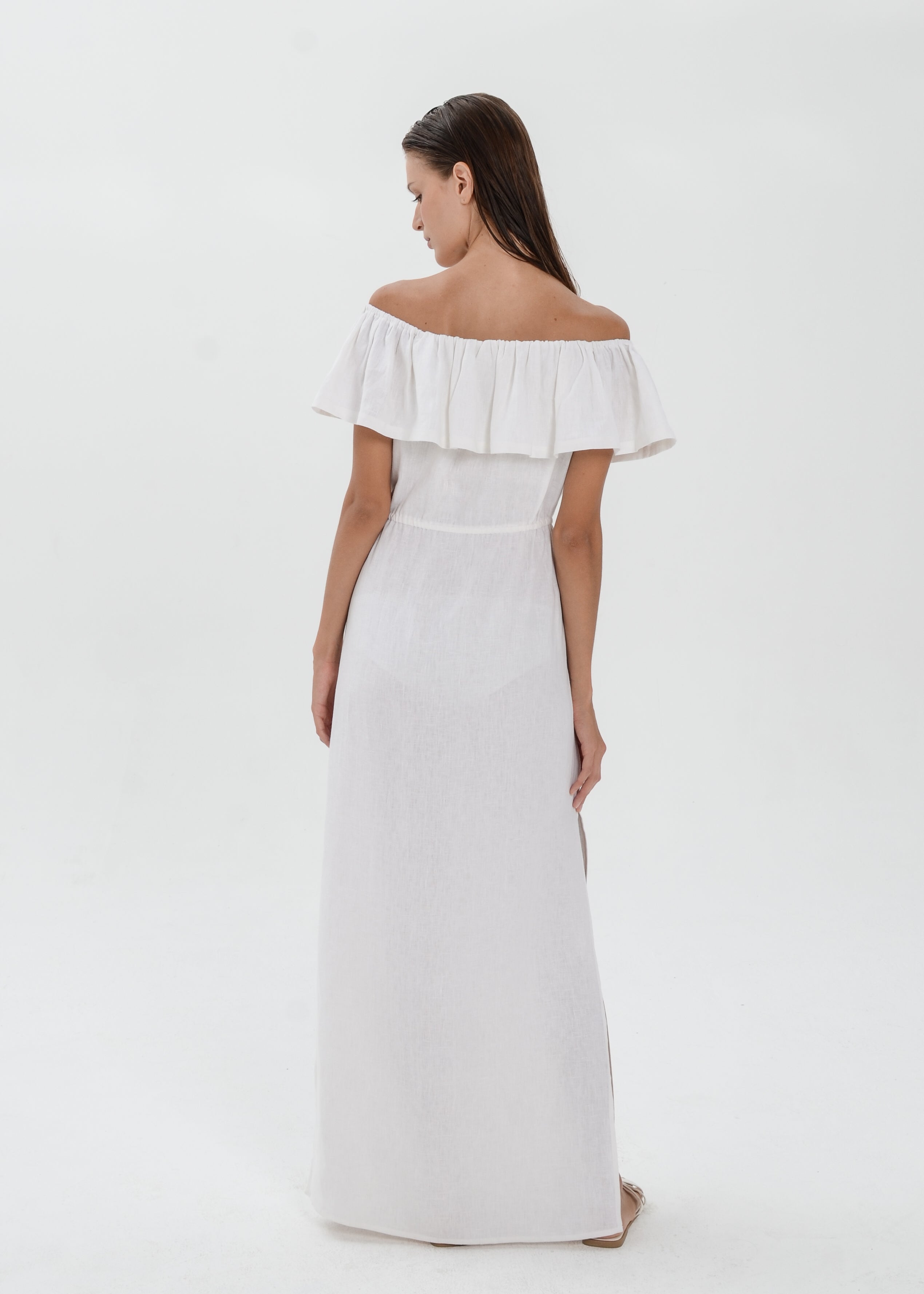 The Essence Linen Dress -  Off Shoulder Drawstring Waist Dress with Ruffle Detail