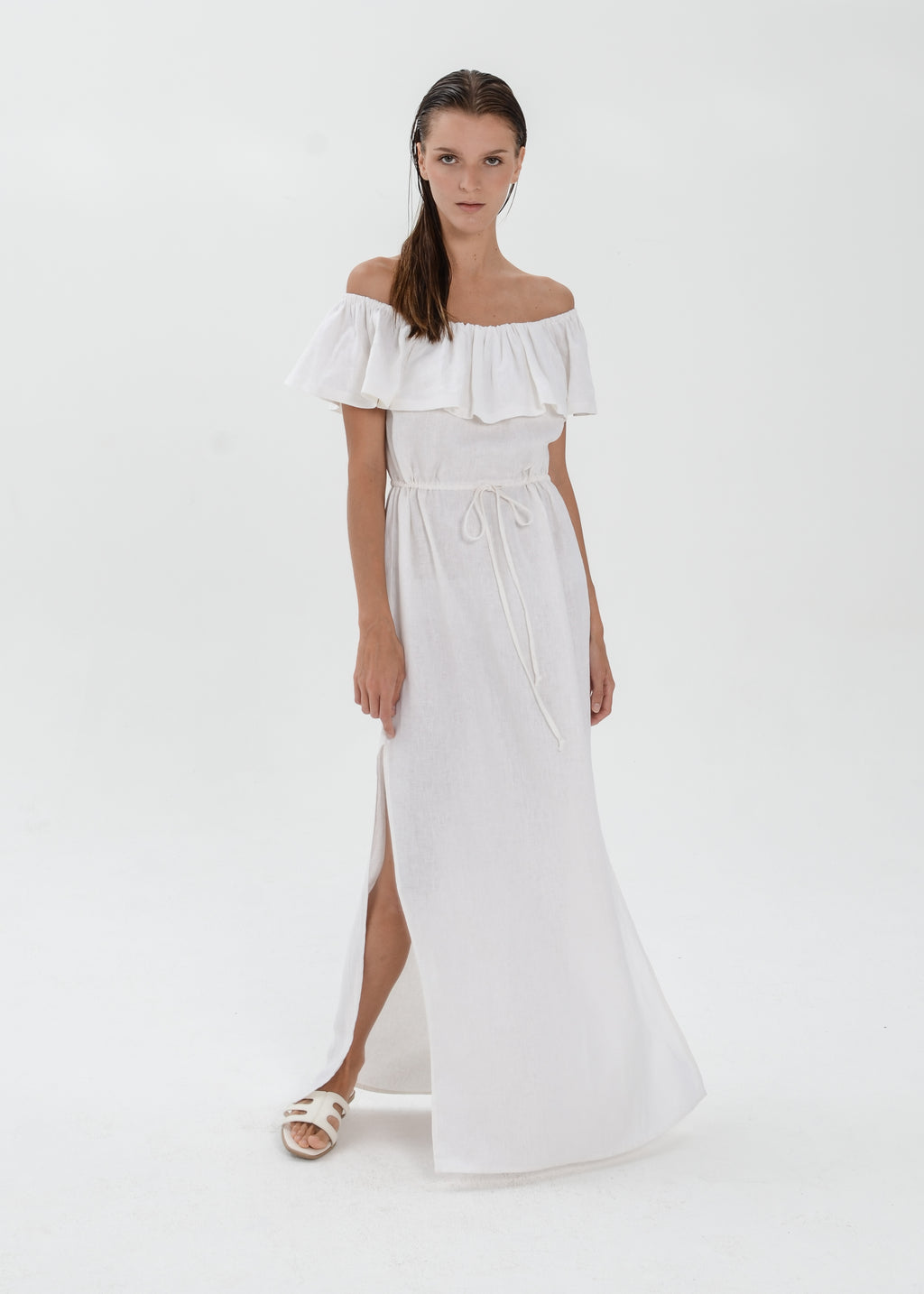 The Essence Linen Dress -  Off Shoulder Drawstring Waist Dress with Ruffle Detail